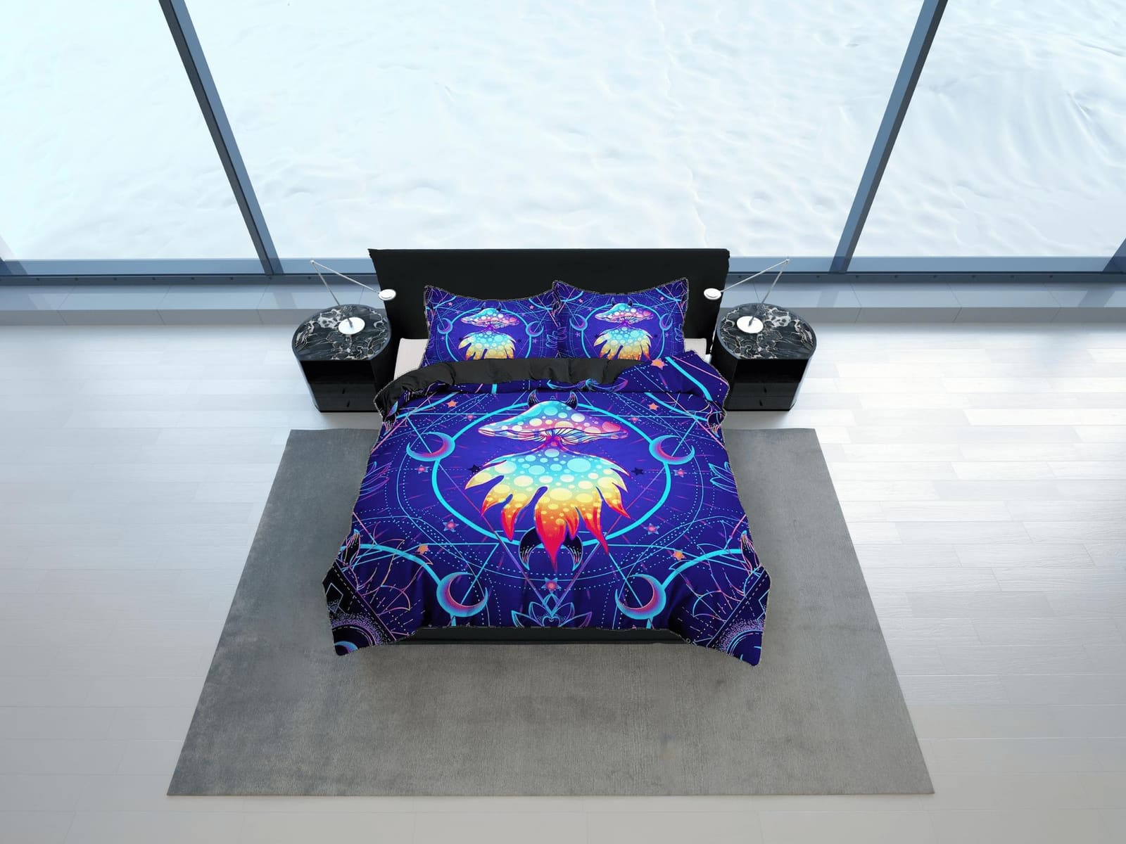 Unique psychedelic creature blue duvet cover hippie bedding set full, preppy dorm bedding, indie room decor, aesthetic cos…