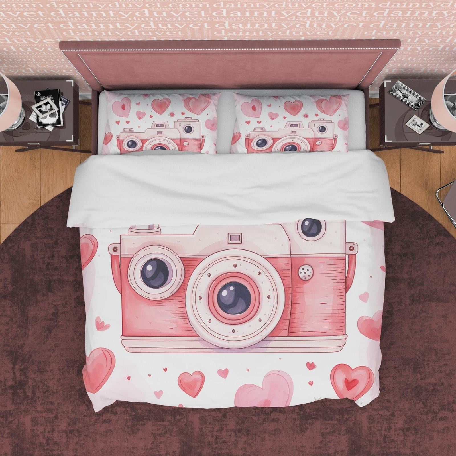 Unique Retro Camera Duvet Cover Set Baby Pink Bedding, Girly Bedroom Set, Cute Quilt Cover, Photophille Bedspread, Photogr…