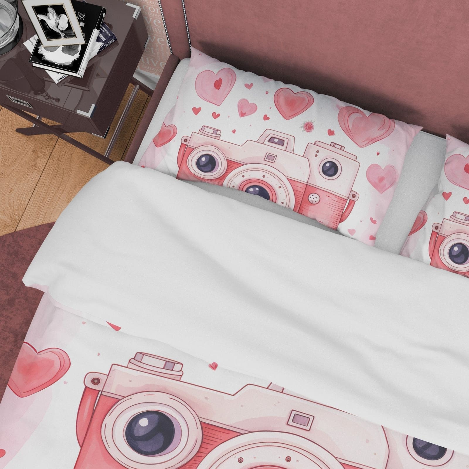 Unique Retro Camera Duvet Cover Set Baby Pink Bedding, Girly Bedroom Set, Cute Quilt Cover, Photophille Bedspread, Photogr…