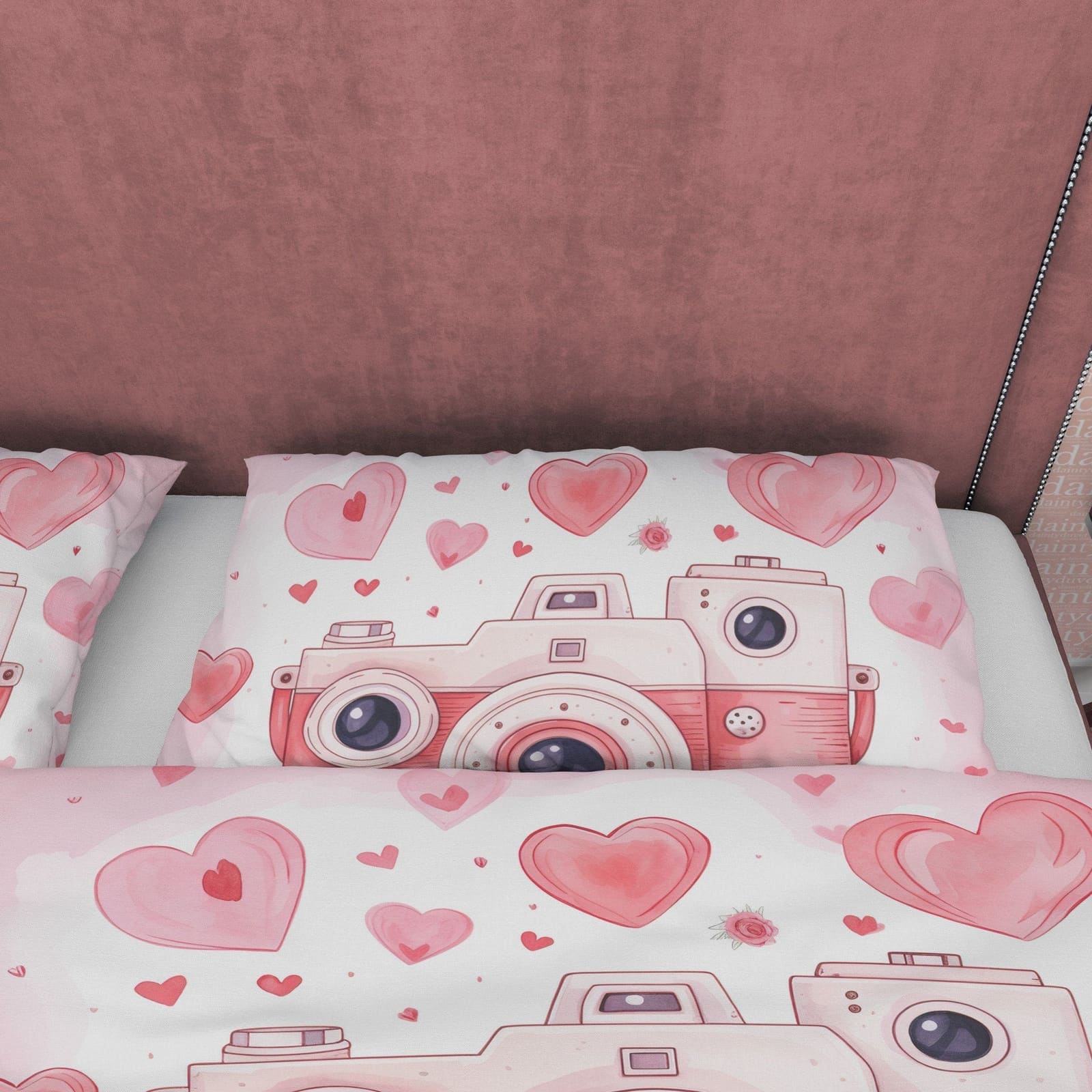 Unique Retro Camera Duvet Cover Set Baby Pink Bedding, Girly Bedroom Set, Cute Quilt Cover, Photophille Bedspread, Photogr…