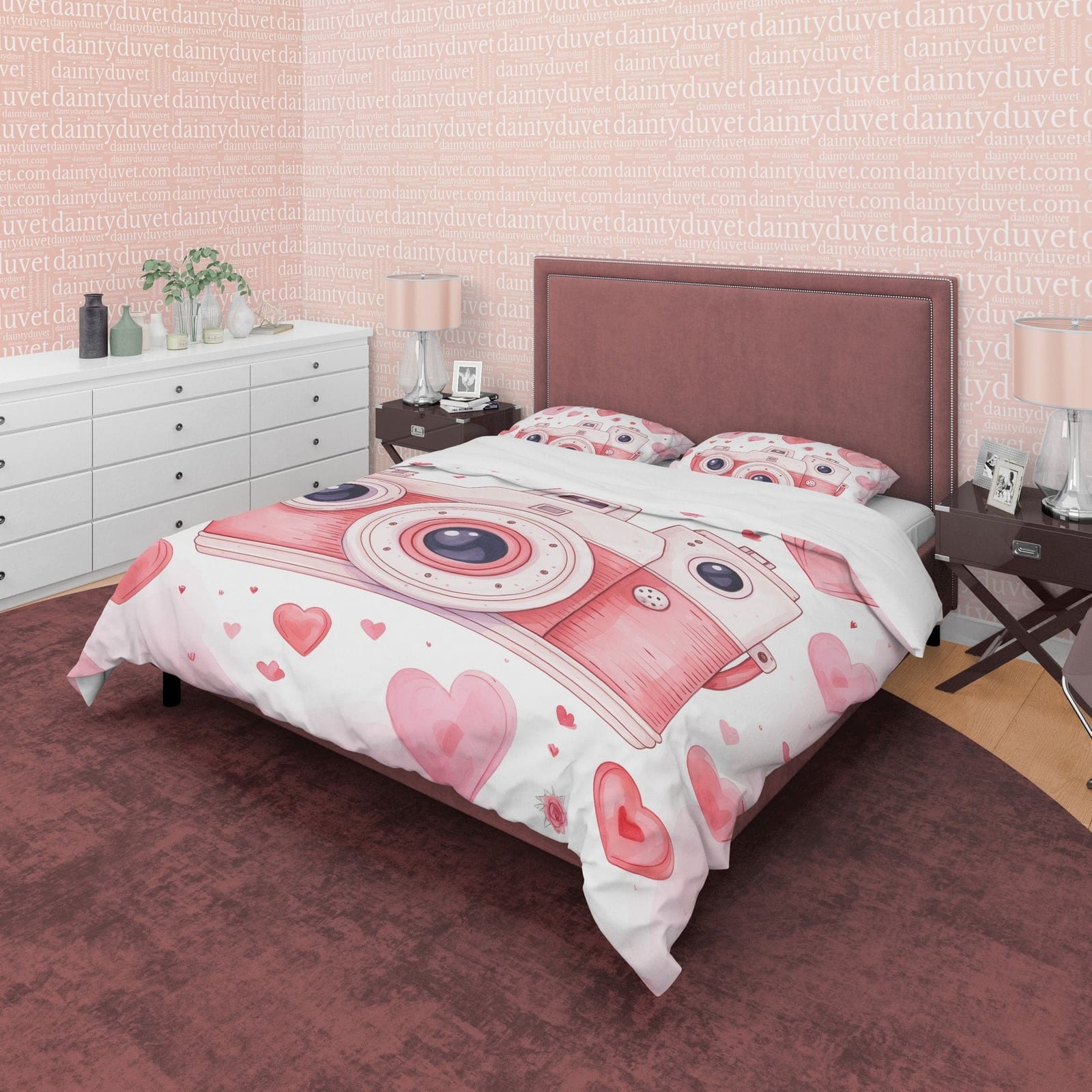 Unique Retro Camera Duvet Cover Set Baby Pink Bedding, Girly Bedroom Set, Cute Quilt Cover, Photophille Bedspread, Photogr…