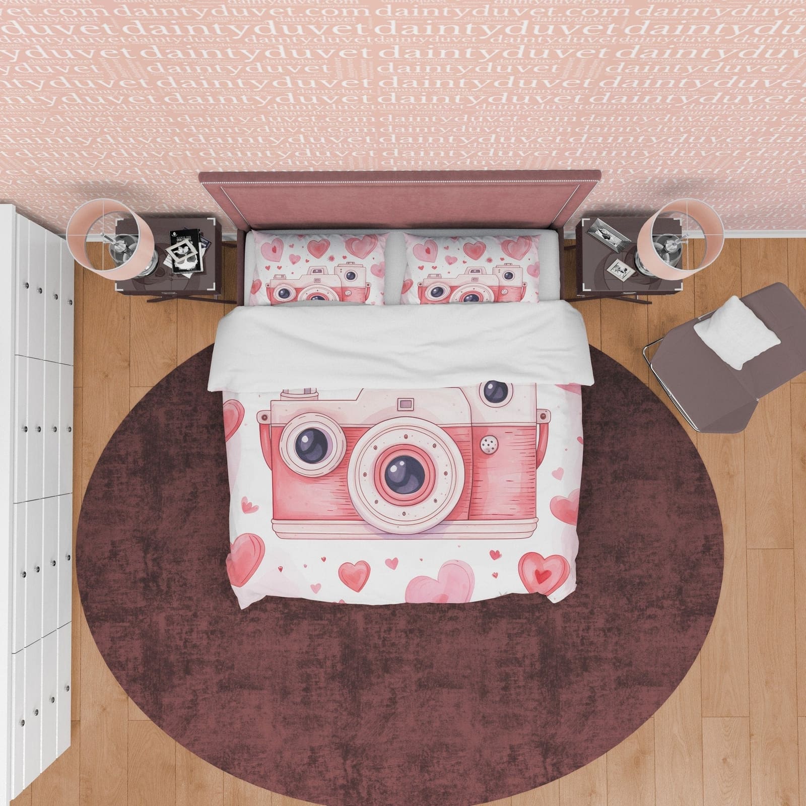 Unique Retro Camera Duvet Cover Set Baby Pink Bedding, Girly Bedroom Set, Cute Quilt Cover, Photophille Bedspread, Photogr…