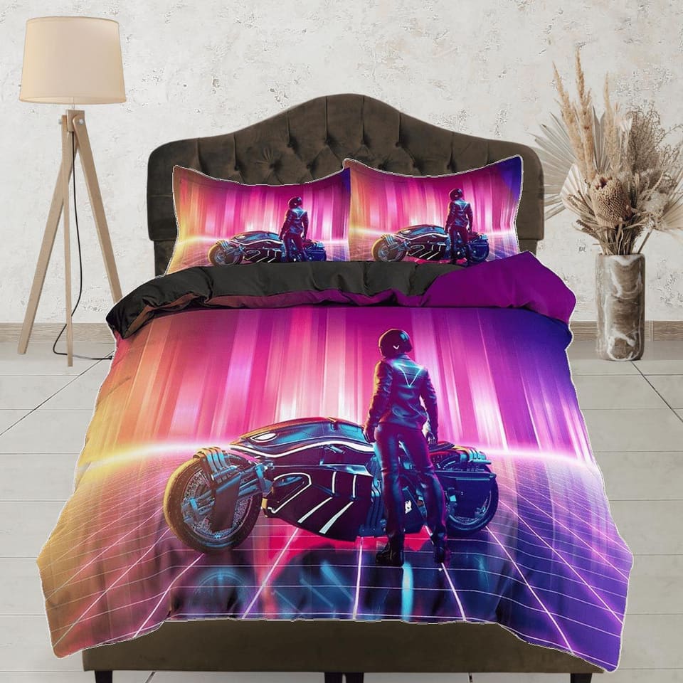 Vaporwave Motorcycle Rider Bedding, Cool Hippie Duvet Cover Set for Boys Bedroom, Trippy Psychedelic Bed Cover, Gradient C…