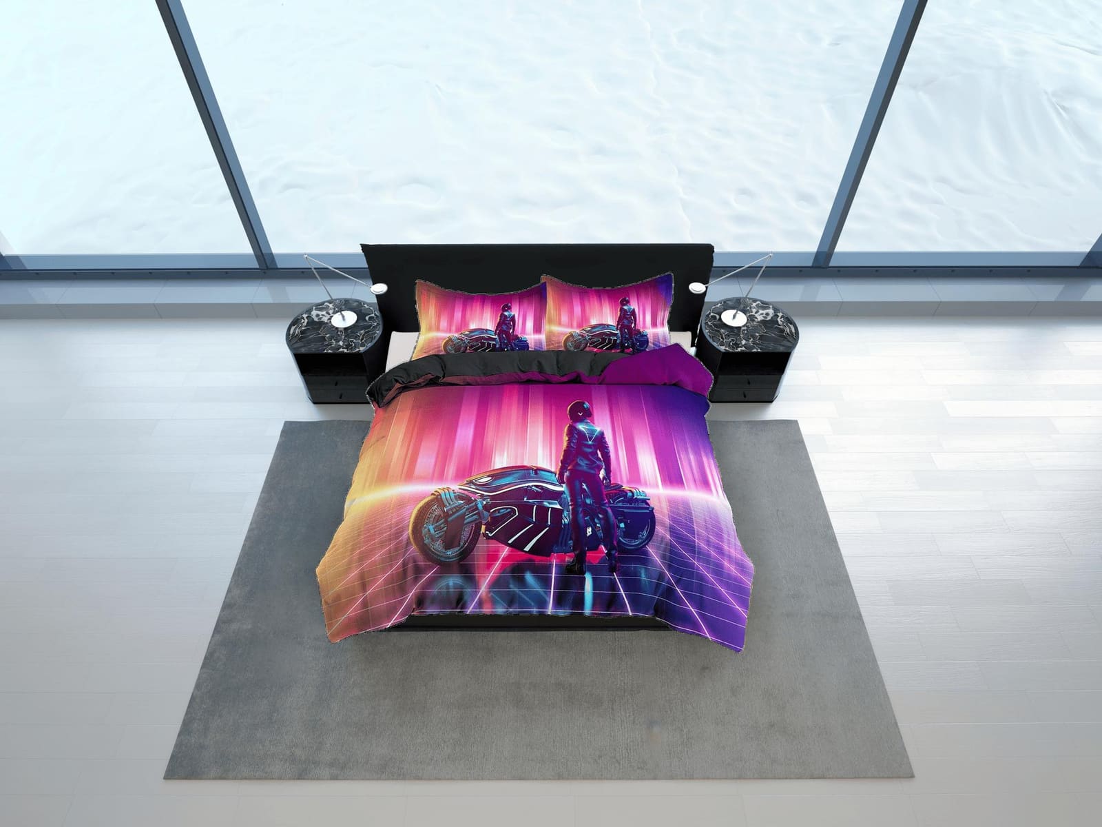 Vaporwave Motorcycle Rider Bedding, Cool Hippie Duvet Cover Set for Boys Bedroom, Trippy Psychedelic Bed Cover, Gradient C…