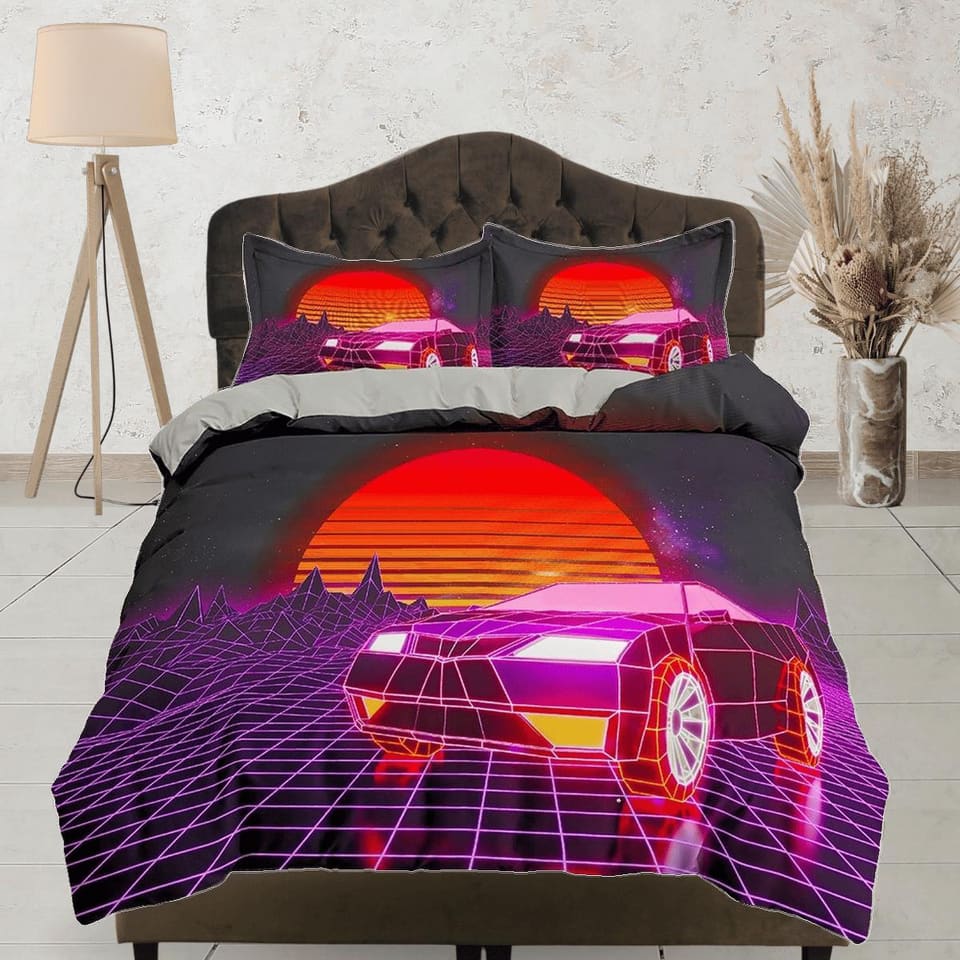 Vaporwave Retro Car in Sunset Bedding, Cool Hippie Duvet Cover Set for Boys Bedroom, Trippy Psychedelic Bed Cover, King Qu…