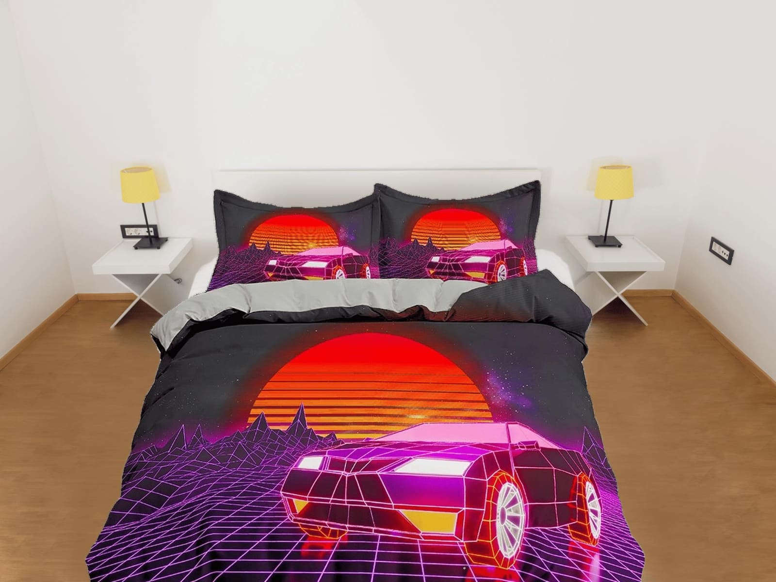 Vaporwave Retro Car in Sunset Bedding, Cool Hippie Duvet Cover Set for Boys Bedroom, Trippy Psychedelic Bed Cover, King Qu…