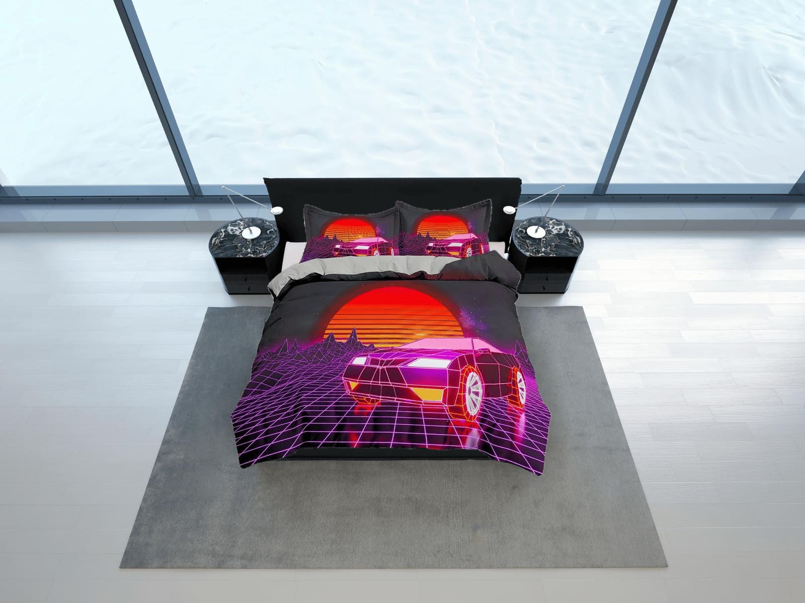 Vaporwave Retro Car in Sunset Bedding, Cool Hippie Duvet Cover Set for Boys Bedroom, Trippy Psychedelic Bed Cover, King Qu…