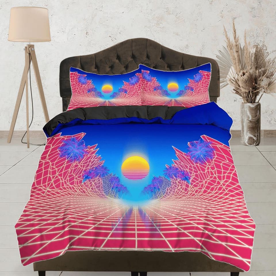 Vaporwave Sun in Pink and Blue Bedding, Cool Hippie Geometric Duvet Cover Set, Trippy Psychedelic Bed Cover, 90s Nostalgia…
