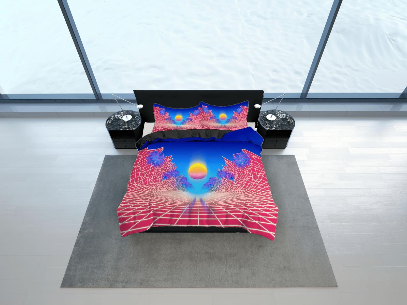 Vaporwave Sun in Pink and Blue Bedding, Cool Hippie Geometric Duvet Cover Set, Trippy Psychedelic Bed Cover, 90s Nostalgia…