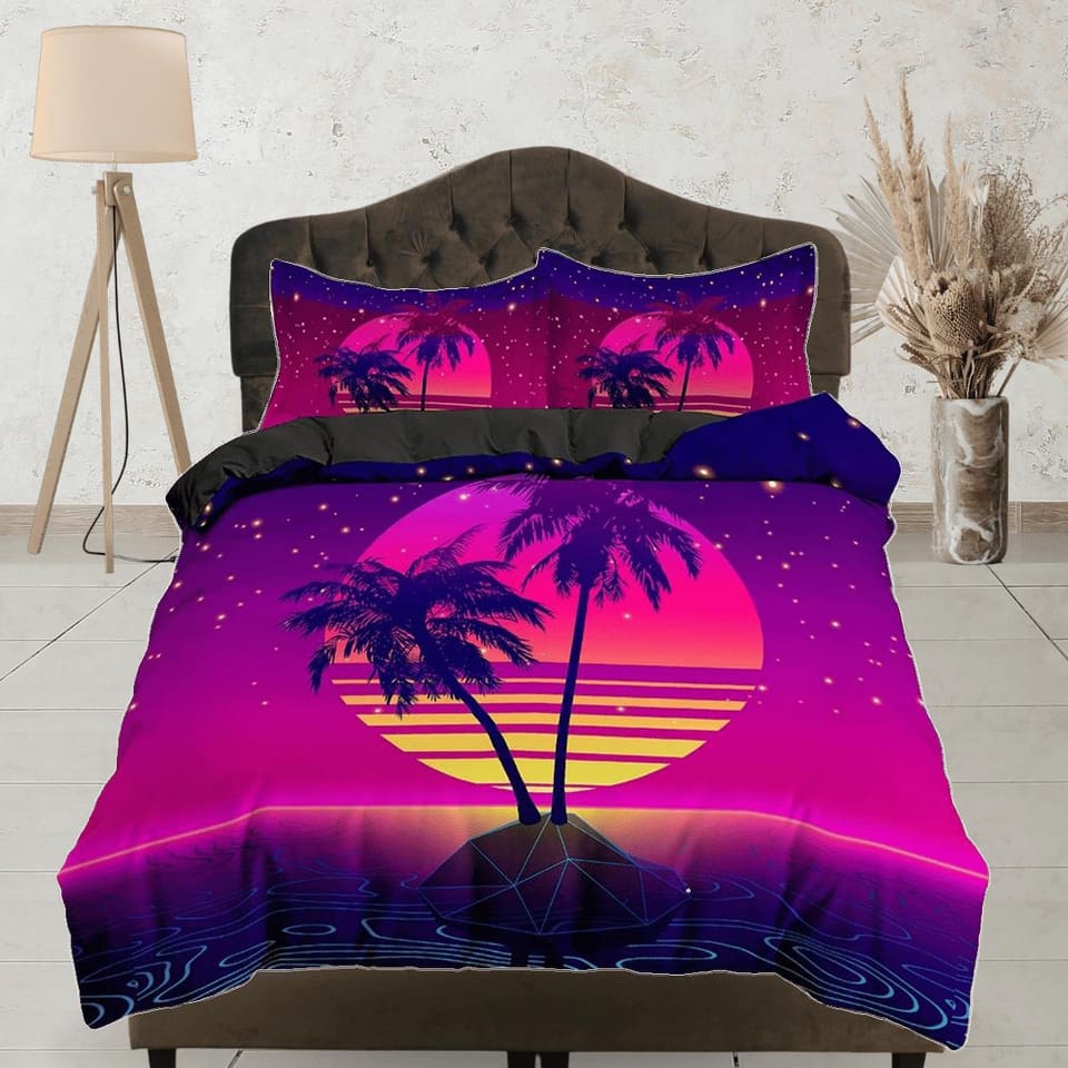 Vaporwave Sunset in Tropical Beach Bedding, Cool Hippie Pink Purple Duvet Cover Set, Trippy Psychedelic Bed Cover 90s Nost…