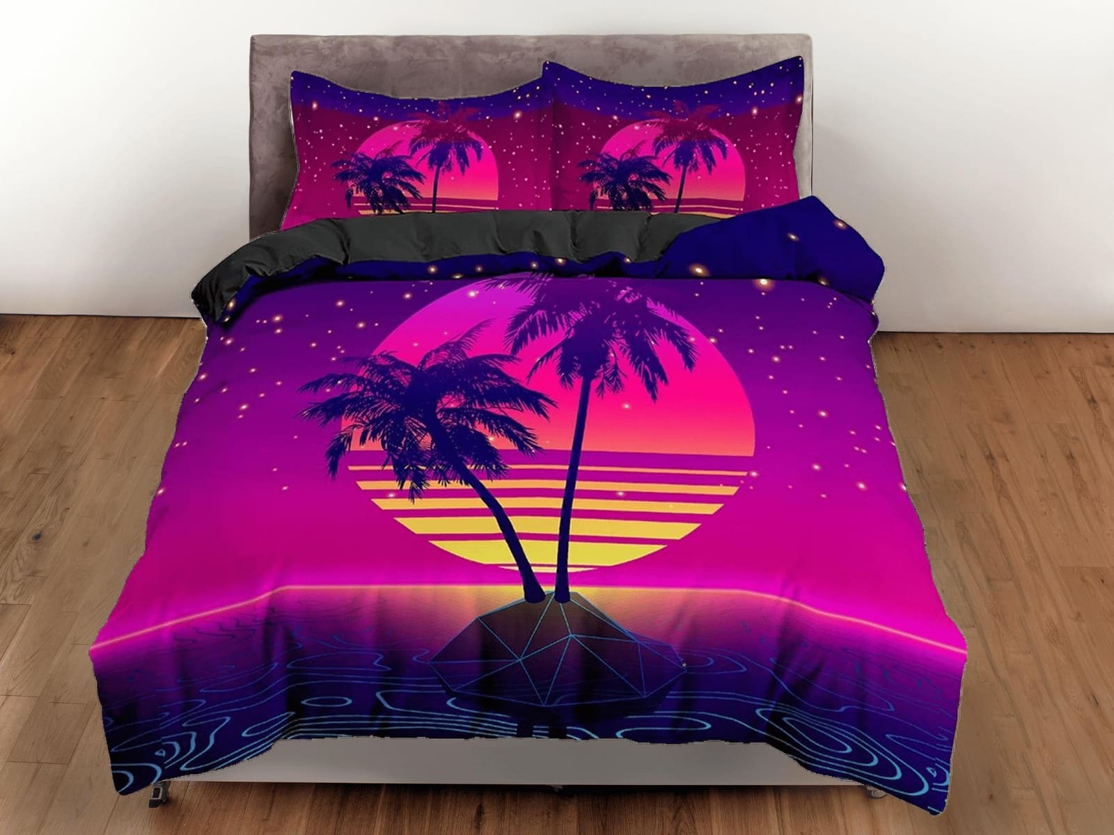 Vaporwave Sunset in Tropical Beach Bedding, Cool Hippie Pink Purple Duvet Cover Set, Trippy Psychedelic Bed Cover 90s Nost…