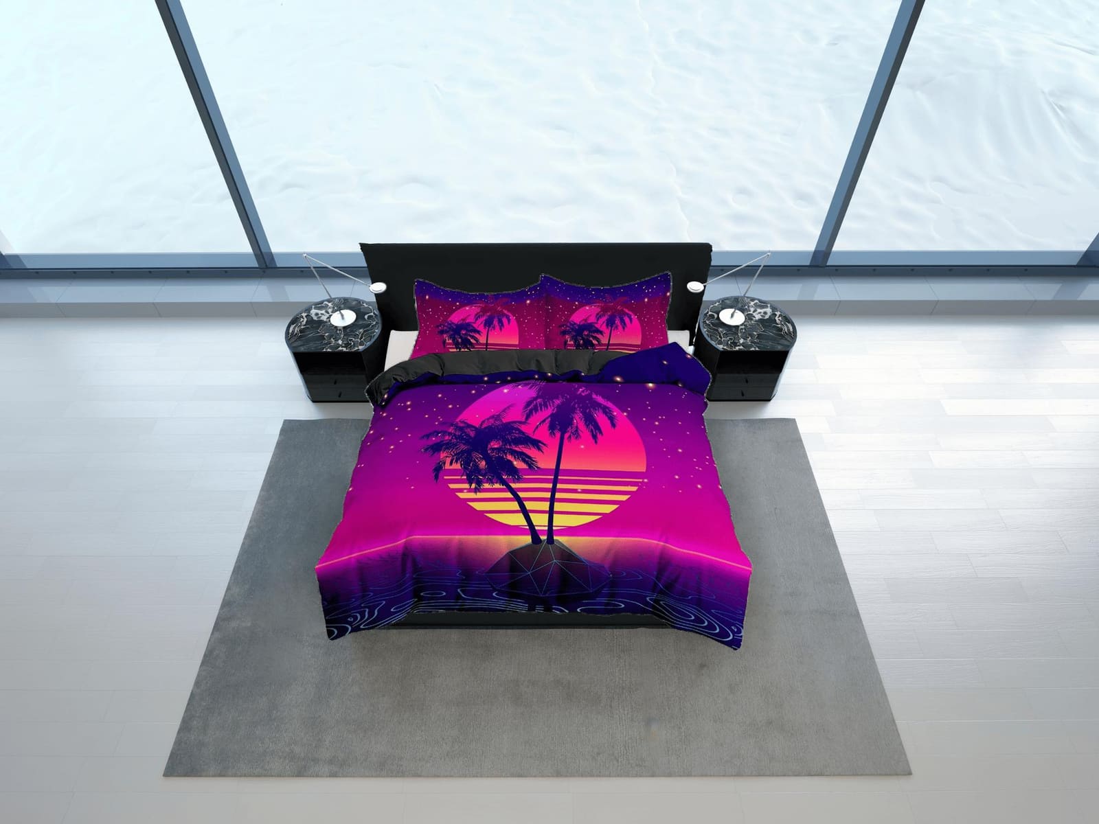 Vaporwave Sunset in Tropical Beach Bedding, Cool Hippie Pink Purple Duvet Cover Set, Trippy Psychedelic Bed Cover 90s Nost…