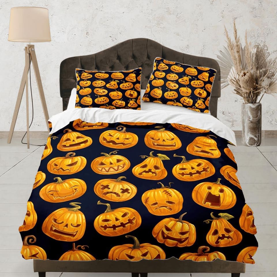 Various facial expressions of pumpkins halloween bedding & pillowcase, duvet cover dorm bedding, nursery toddler bedding,…