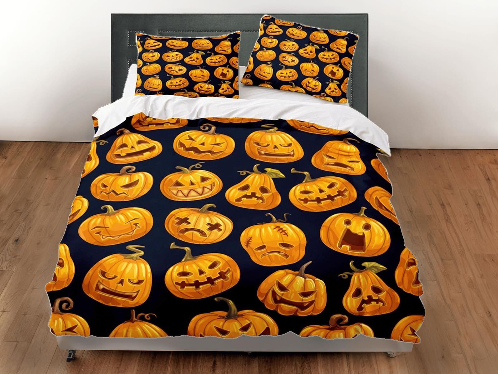 Various facial expressions of pumpkins halloween bedding & pillowcase, duvet cover dorm bedding, nursery toddler bedding,…