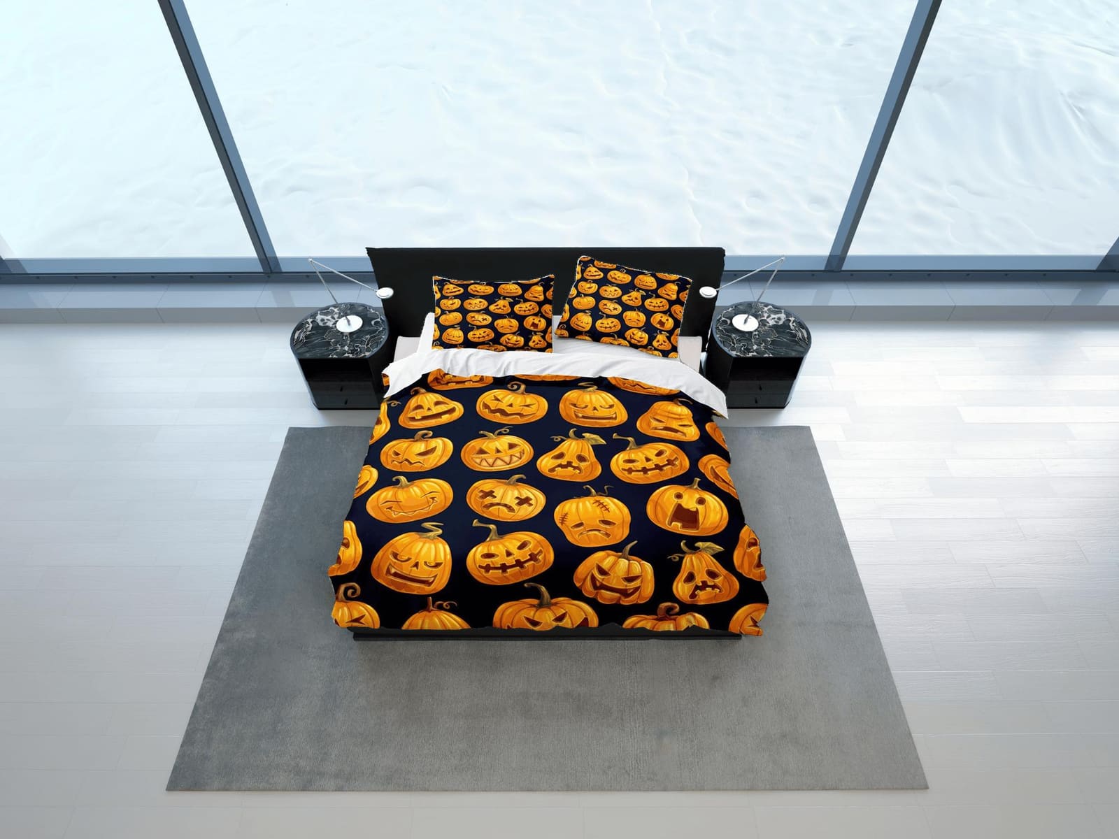 Various facial expressions of pumpkins halloween bedding & pillowcase, duvet cover dorm bedding, nursery toddler bedding,…