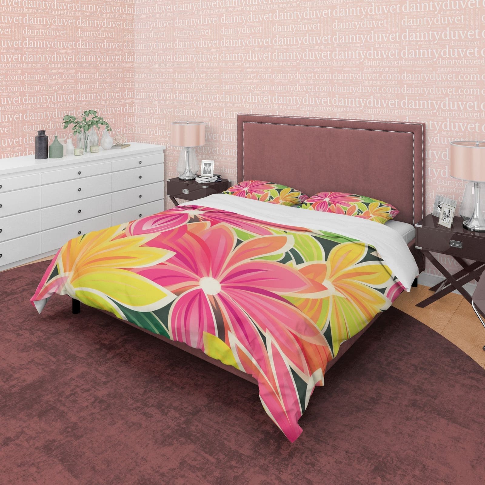 Vibrant Color Boho Bedding Colorful Duvet Cover Bohemian Bedroom Set, Floral Quilt Cover, Aesthetic Bedspread, Pink Unique…