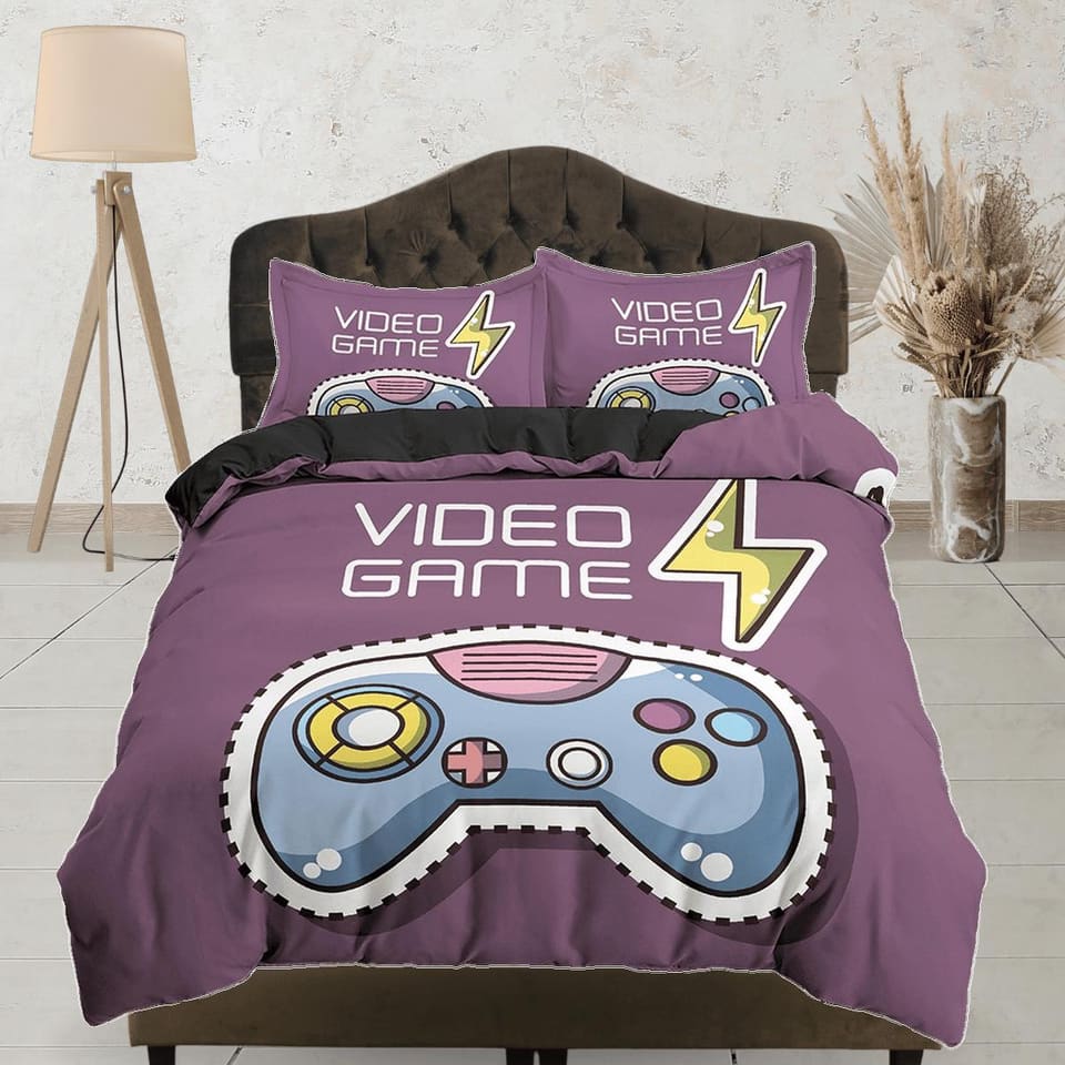 Video game bedding mauve purple duvet cover, gamer boyfriend gift bedding set full king queen twin, boys bedroom, college…