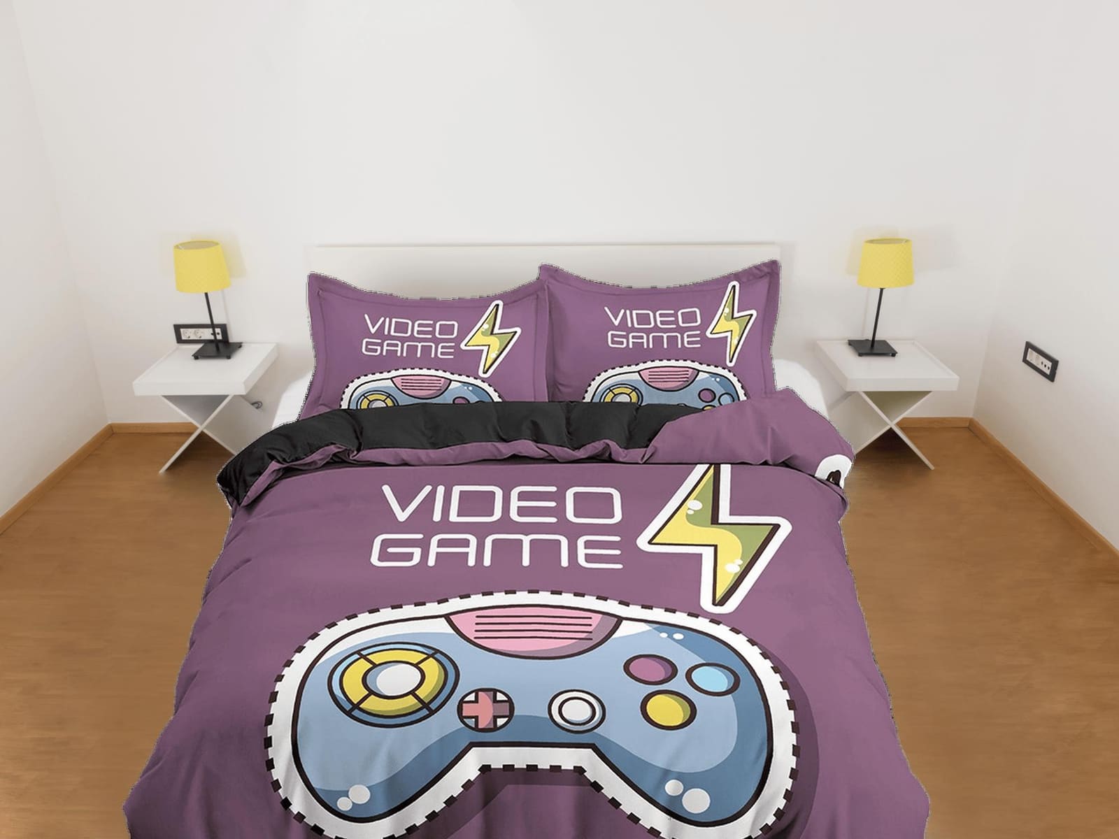 Video game bedding mauve purple duvet cover, gamer boyfriend gift bedding set full king queen twin, boys bedroom, college…