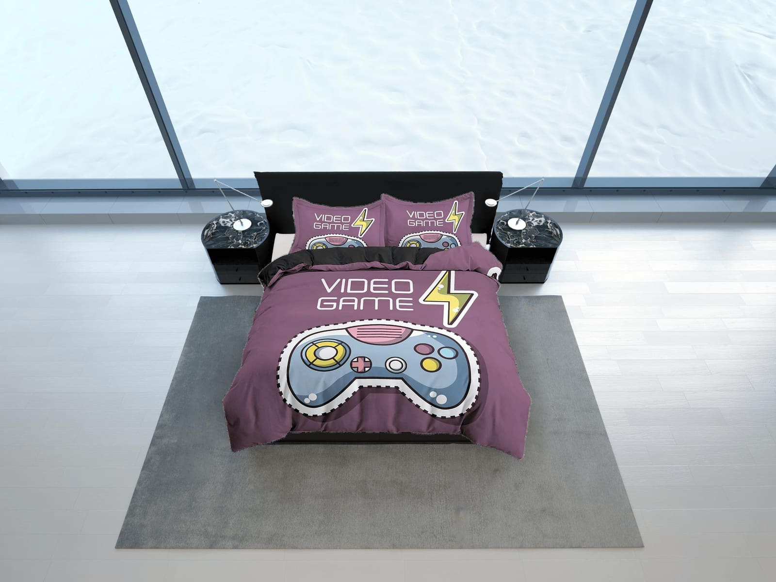 Video game bedding mauve purple duvet cover, gamer boyfriend gift bedding set full king queen twin, boys bedroom, college…