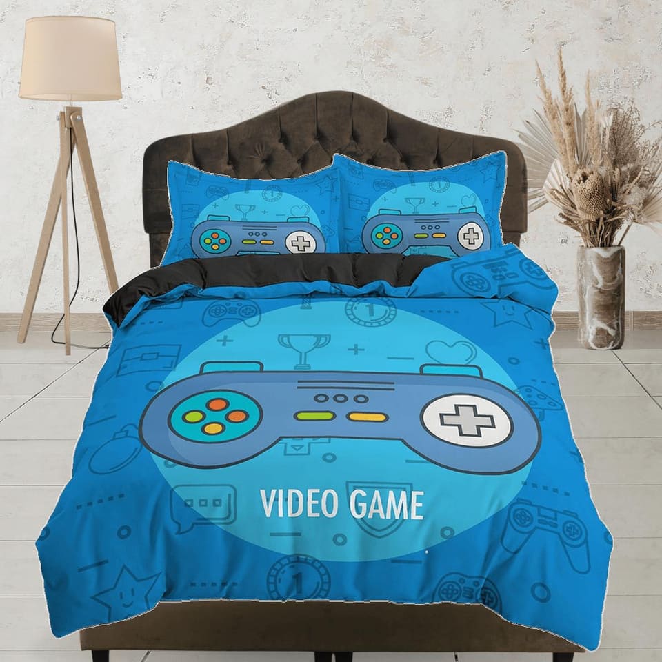 Video gamer bedding blue duvet cover, gamer boyfriend gift bedding set full king queen twin, boys bedroom, college dorm be…
