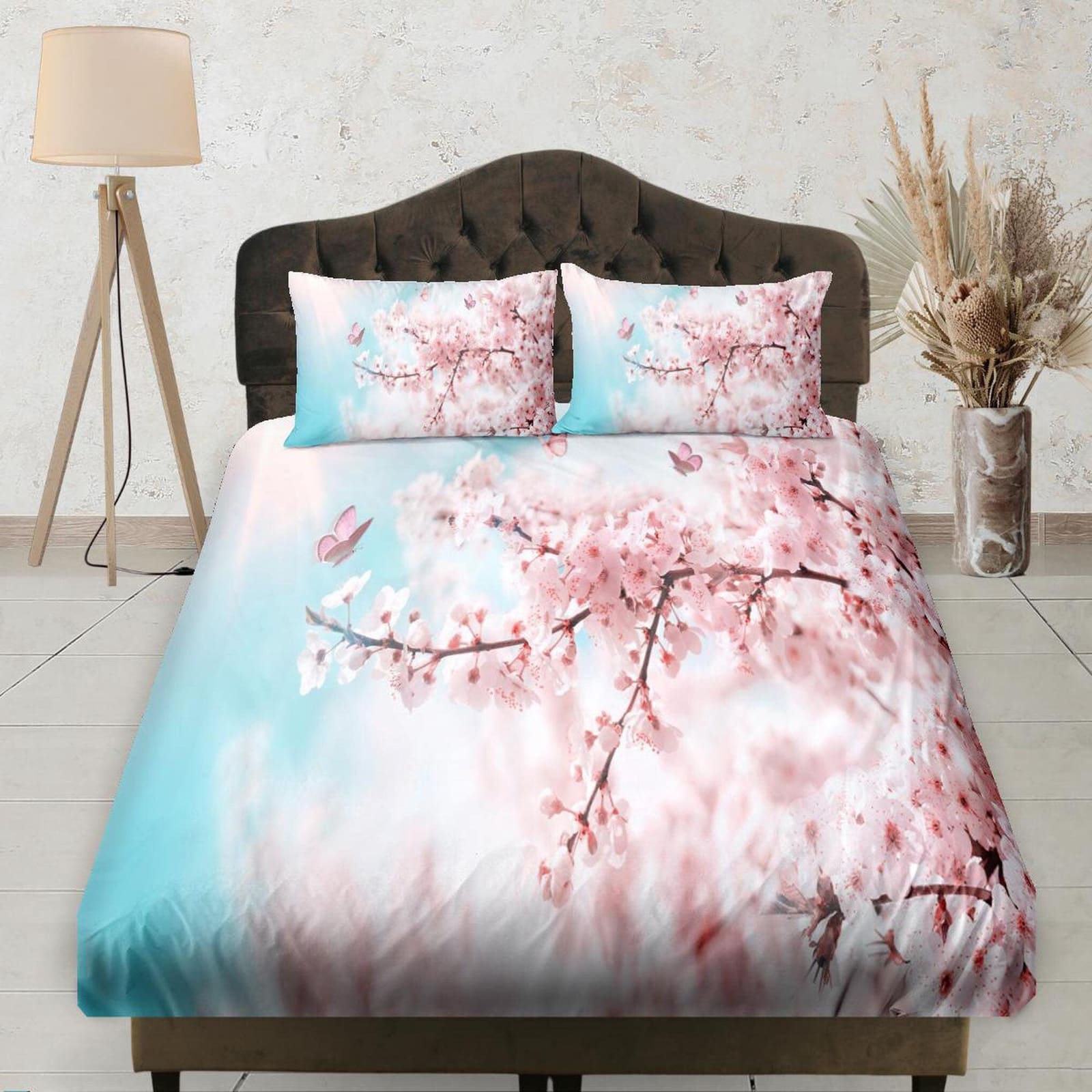 View of Cherry Blossoms with Blue Sky, Fitted Bedsheet, Floral Prints, Boho Bedding Set, Dorm Bedding, Crib Sheet, Shabby…