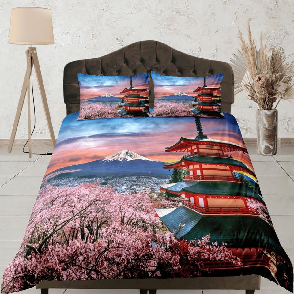 View of mt. fuji with red pagoda bedding, oriental bedding, japanese duvet cover set for king, queen, full, twin, single,…
