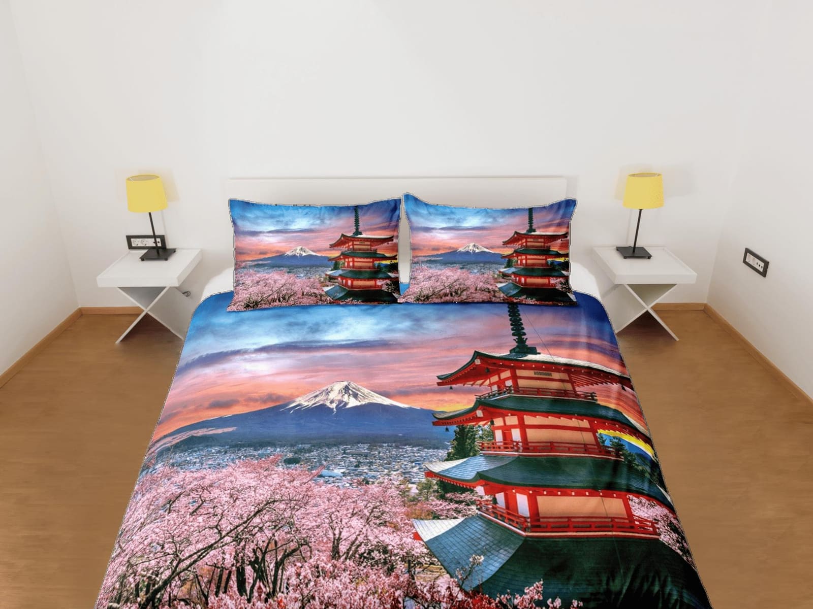 View of mt. fuji with red pagoda bedding, oriental bedding, japanese duvet cover set for king, queen, full, twin, single,…