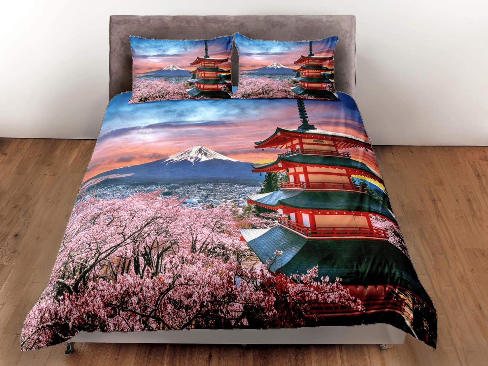 View of mt. fuji with red pagoda bedding, oriental bedding, japanese duvet cover set for king, queen, full, twin, single,…