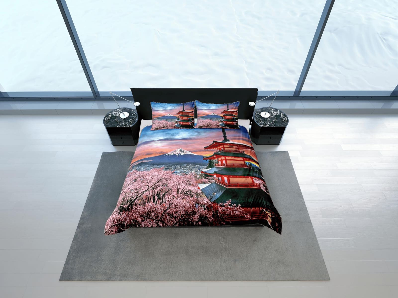 View of mt. fuji with red pagoda bedding, oriental bedding, japanese duvet cover set for king, queen, full, twin, single,…
