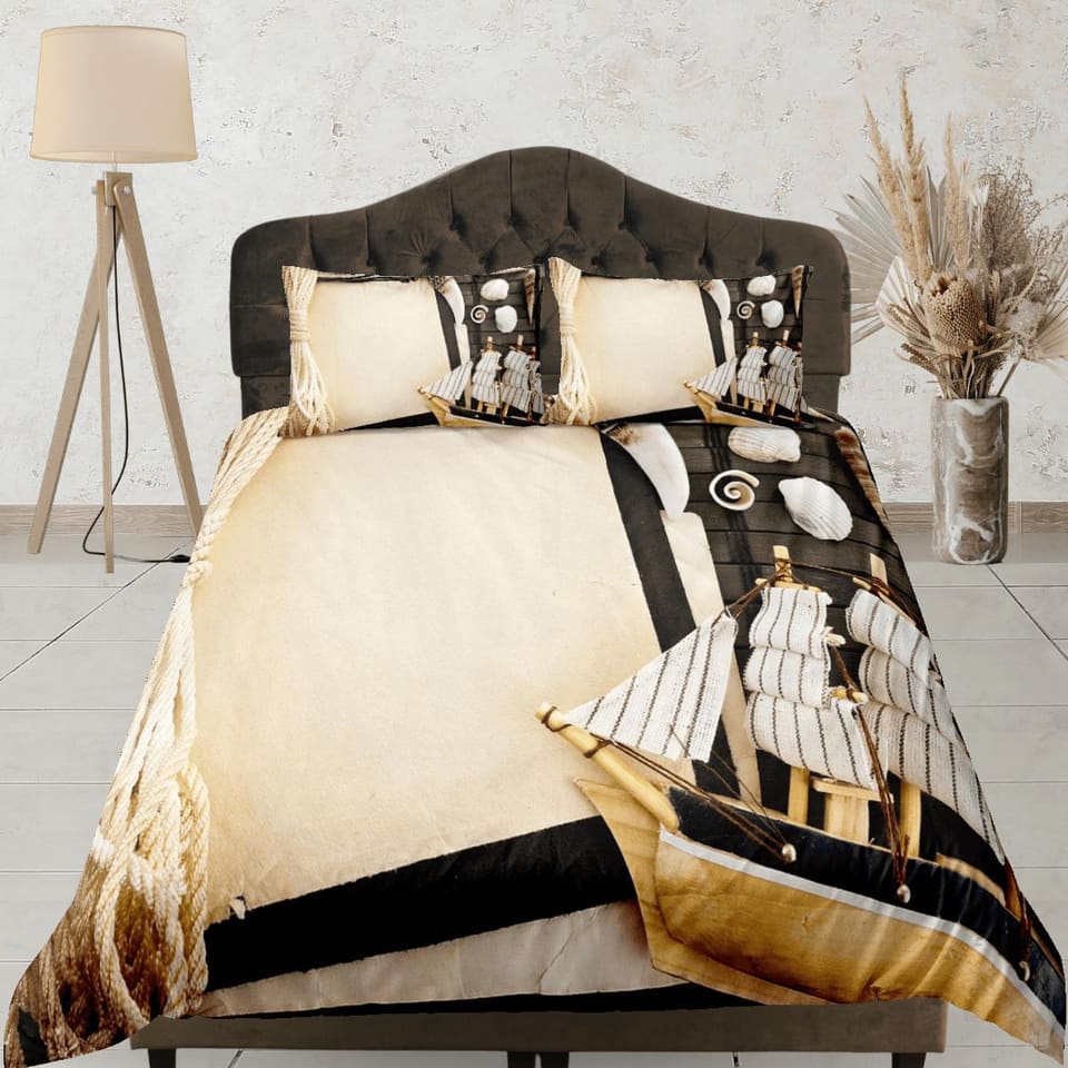 Viking ship coastal grandma brown beige duvet cover nautical bedding set full queen king, aesthetic beach decor, ocean lov…