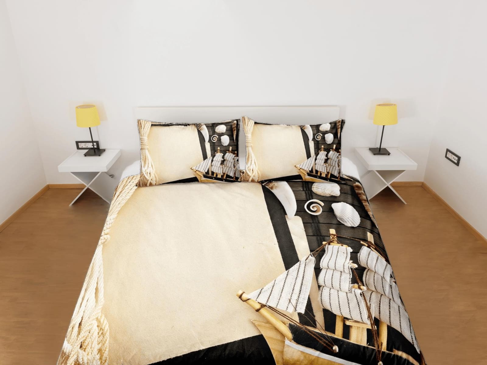 Viking ship coastal grandma brown beige duvet cover nautical bedding set full queen king, aesthetic beach decor, ocean lov…