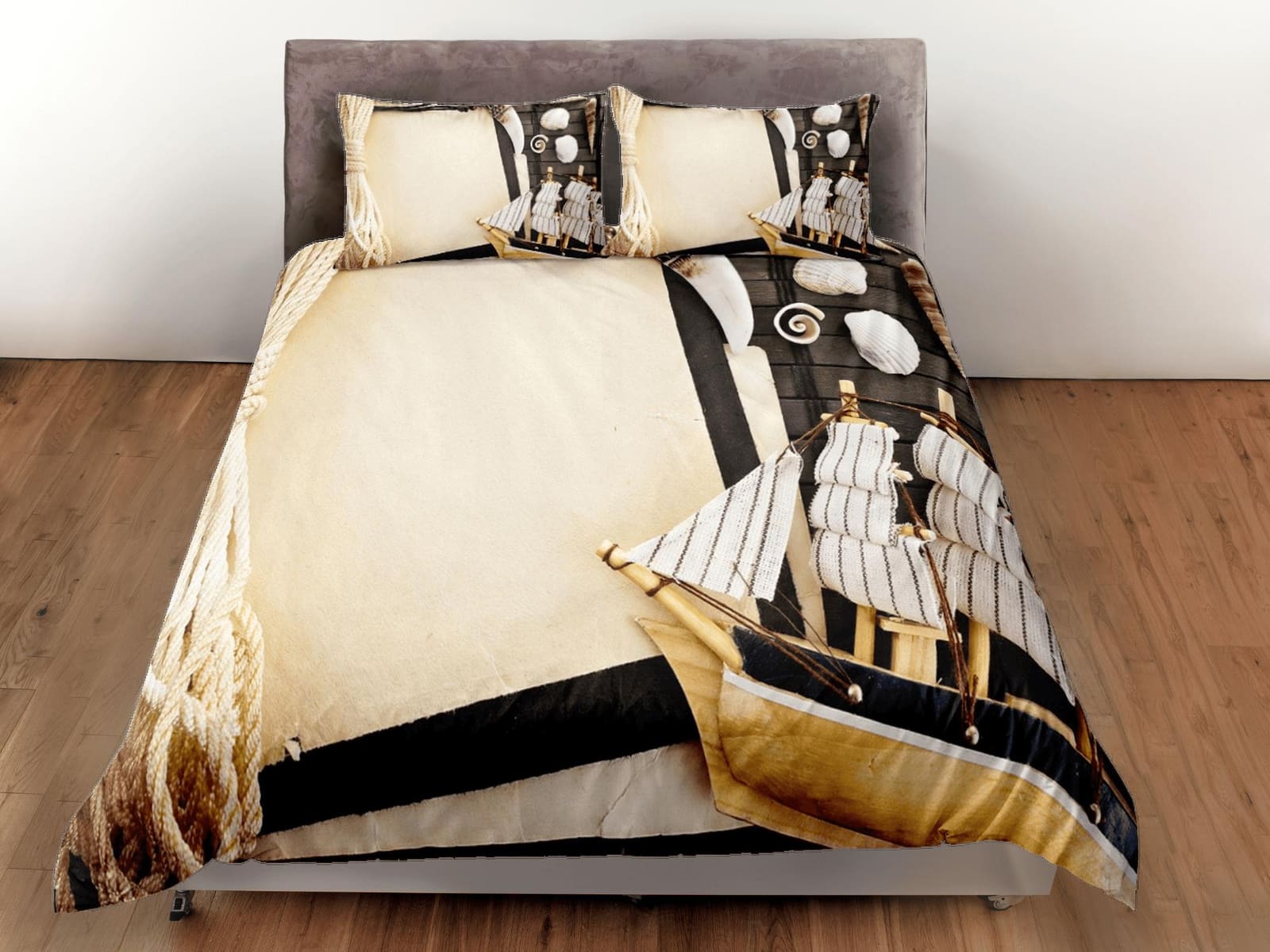 Viking ship coastal grandma brown beige duvet cover nautical bedding set full queen king, aesthetic beach decor, ocean lov…
