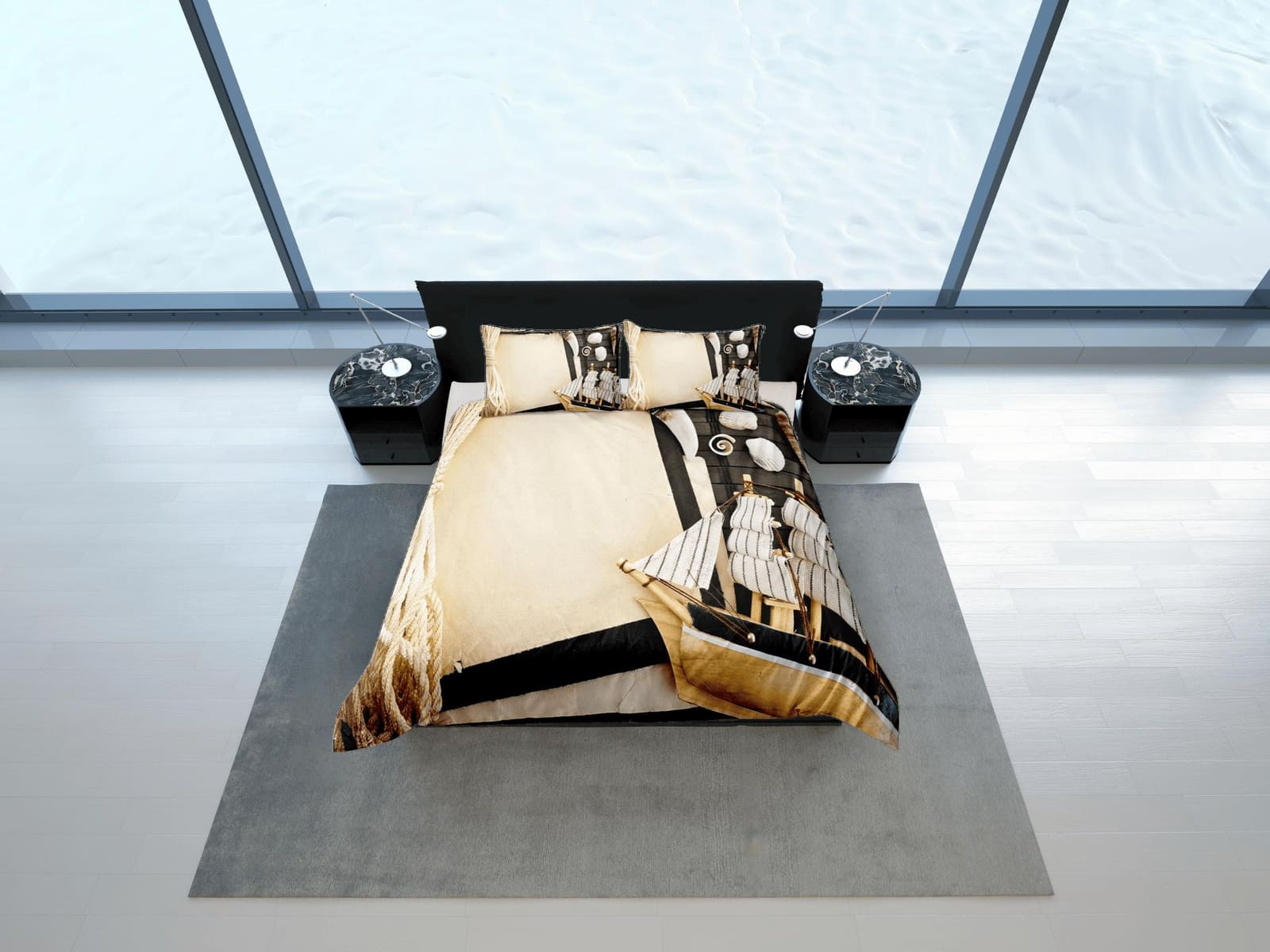 Viking ship coastal grandma brown beige duvet cover nautical bedding set full queen king, aesthetic beach decor, ocean lov…