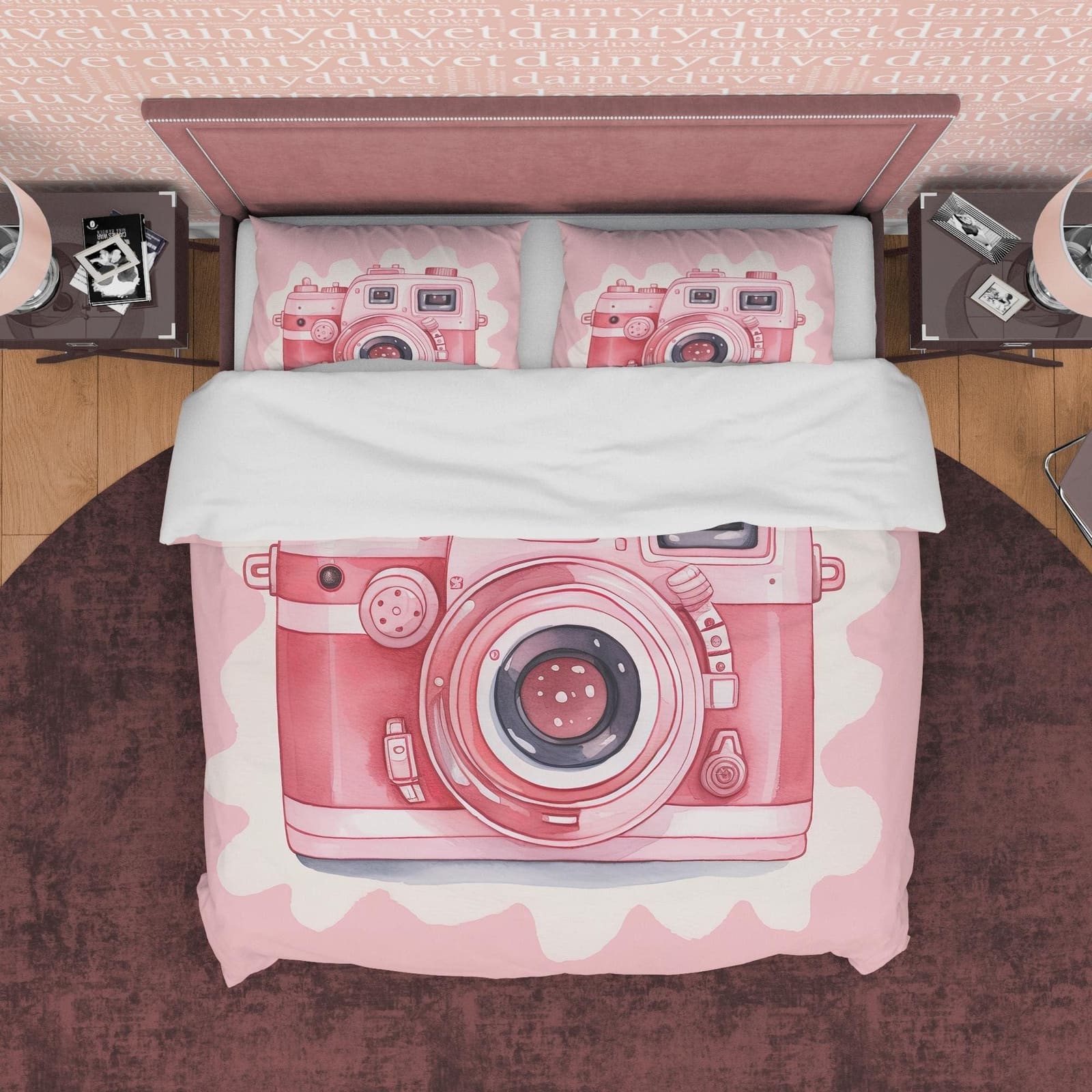 Vintage Camera Duvet Cover Set Baby Pink Bedding, Retro Girly Bedroom Set, Cute Quilt Cover, Photophille Bedspread, Photog…