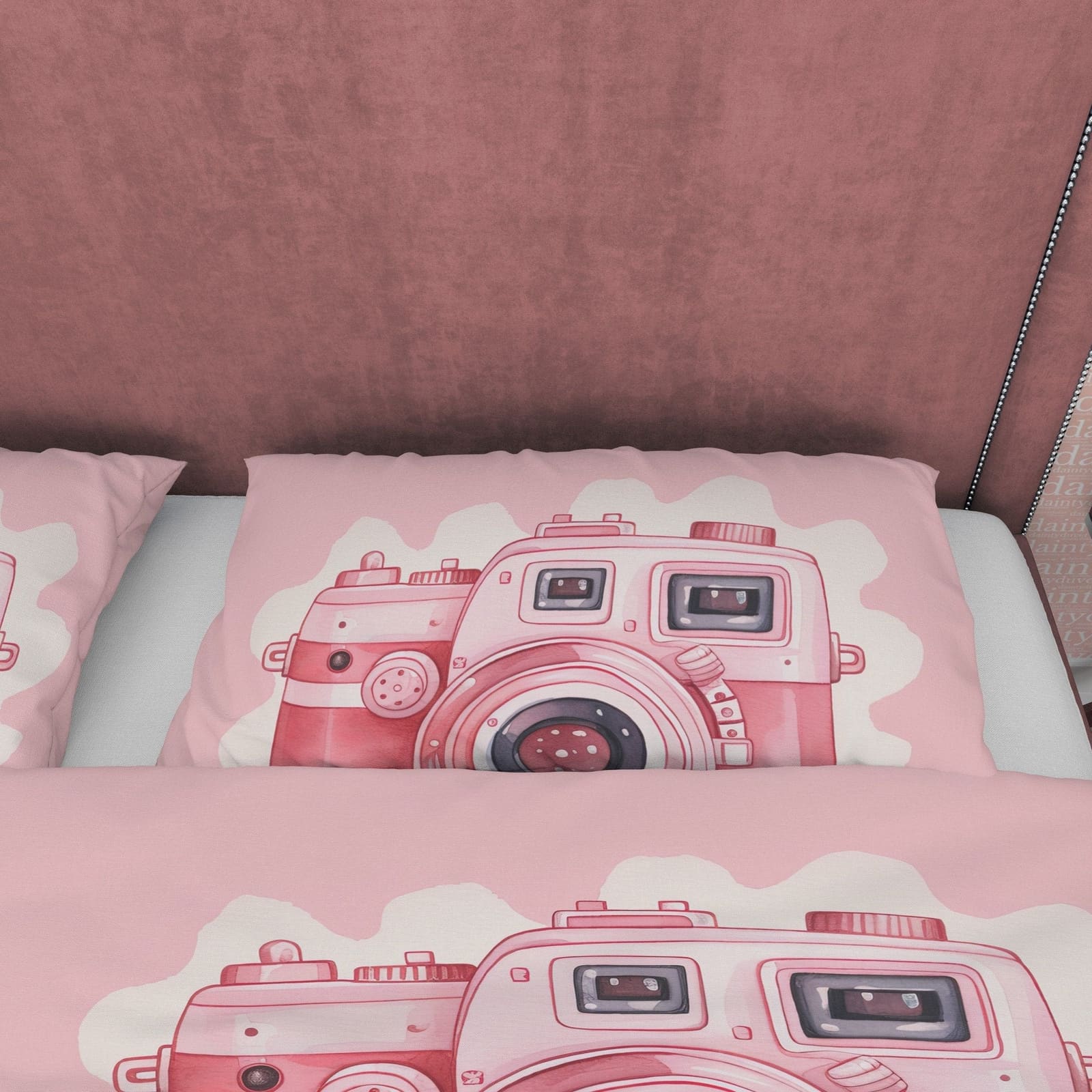 Vintage Camera Duvet Cover Set Baby Pink Bedding, Retro Girly Bedroom Set, Cute Quilt Cover, Photophille Bedspread, Photog…