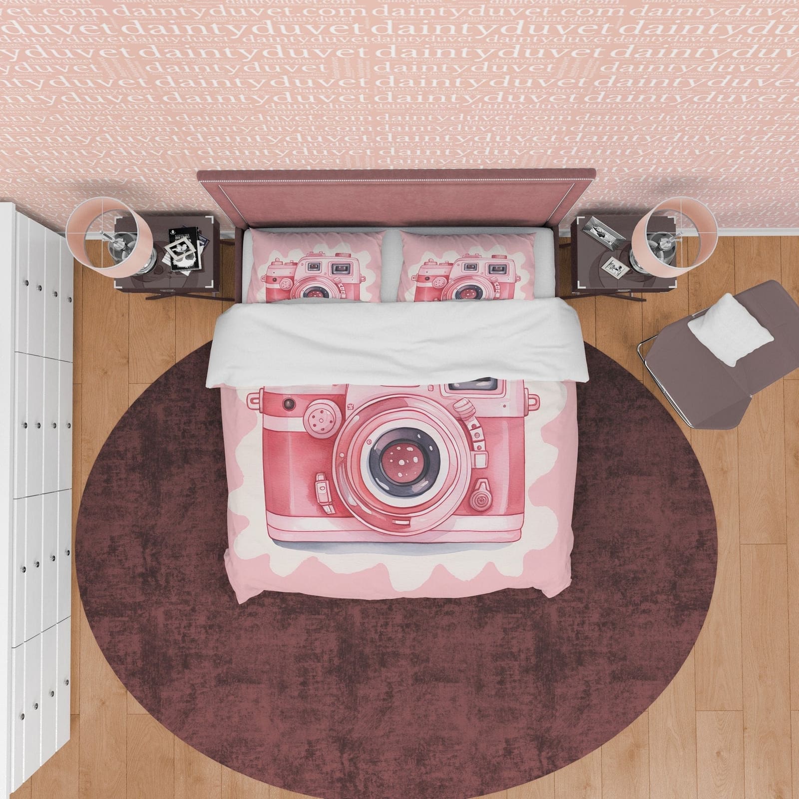 Vintage Camera Duvet Cover Set Baby Pink Bedding, Retro Girly Bedroom Set, Cute Quilt Cover, Photophille Bedspread, Photog…