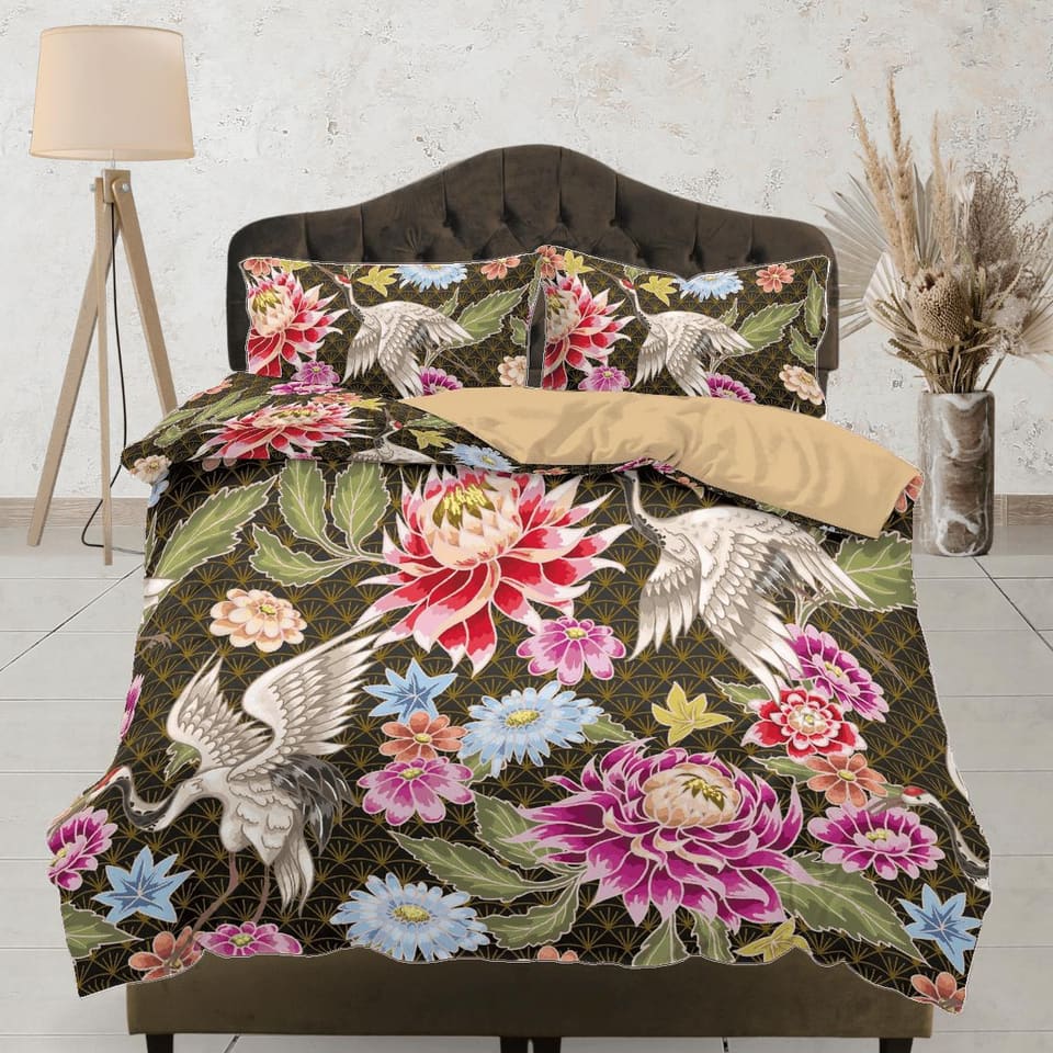 Vintage Floral Duvet Cover Set | Japanese Art Bedding Set with Pillow Cover Case