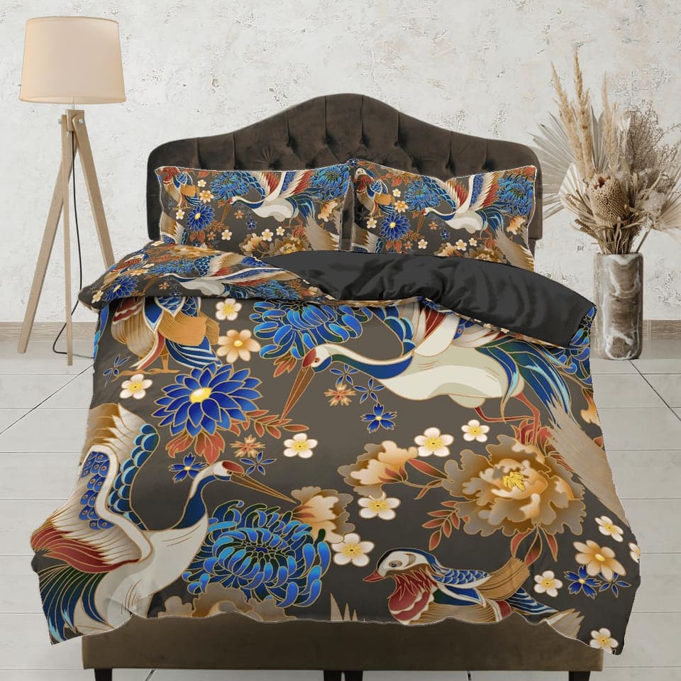 Vintage Floral Duvet Cover Set | Japanese Art Crane Bird Dorm Bedding Set with Pillowcase | Size King, Queen, Full, Twin &…