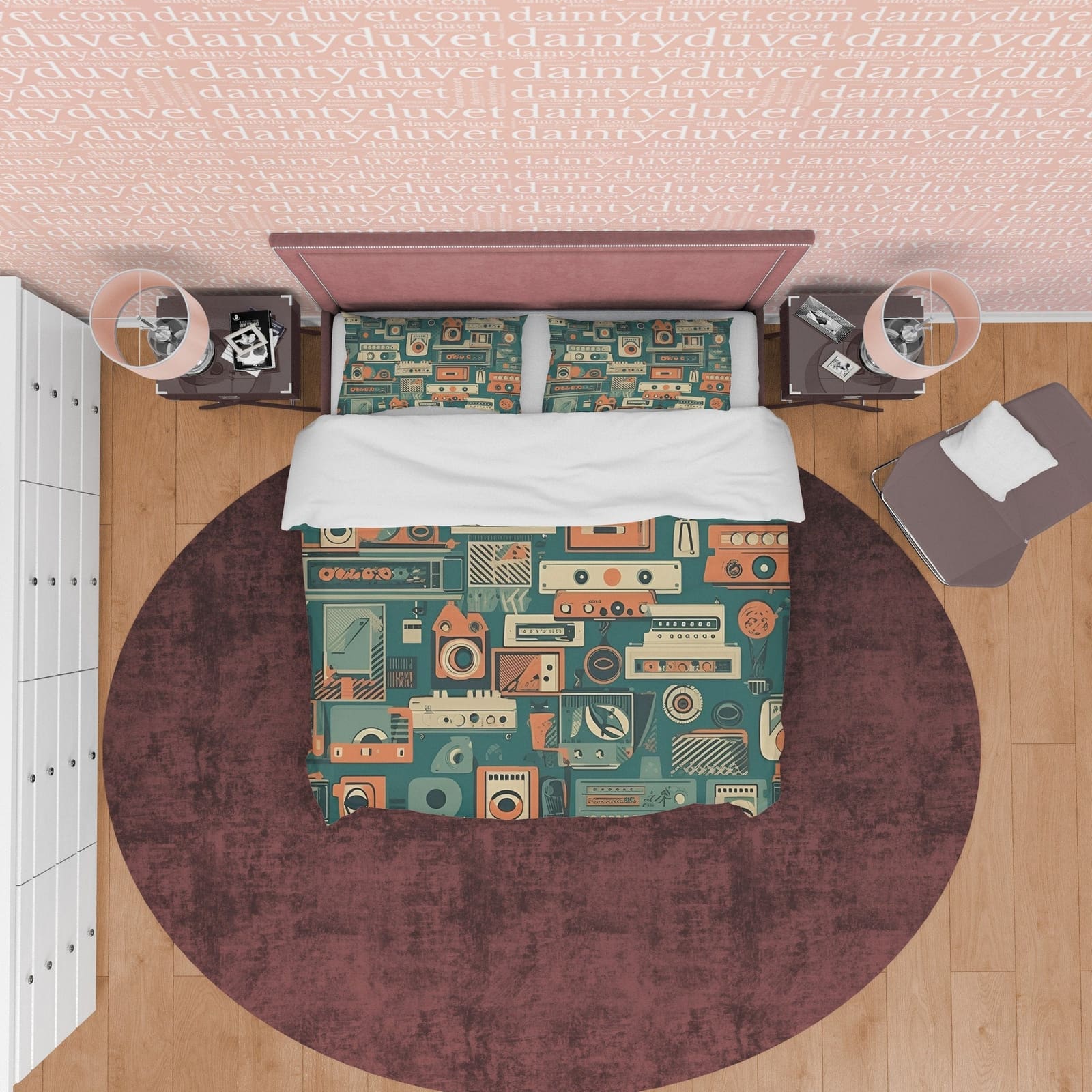 Vintage Gadget Geometric Duvet Cover Retro Bedding Set, Unique Audio Speaker Green Blanket Cover,  Old Camera Quilt Cover,…