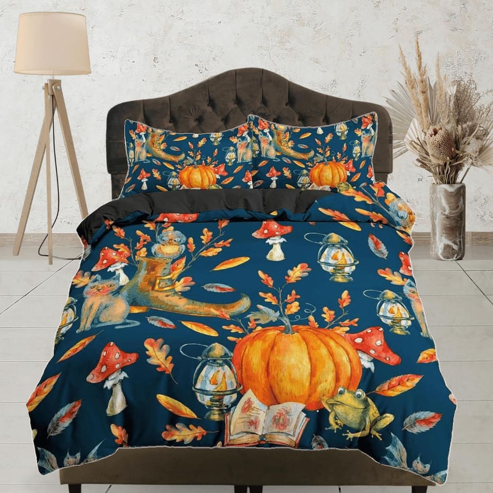 Vintage halloween bedding & pillowcase, blue duvet cover set dorm bedding, halloween decor, toddler bedding, pumpkin mushr…
