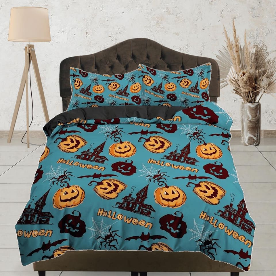 Vintage halloween stamps full bedding & pillowcase, sea green colored duvet cover set dorm bedding, nursery toddler beddin…