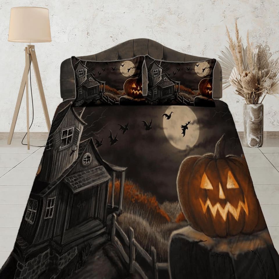 Vintage haunted house pumpkin halloween bedding & pillowcase, duvet cover, dorm bedding, halloween decor, halloween gift,…