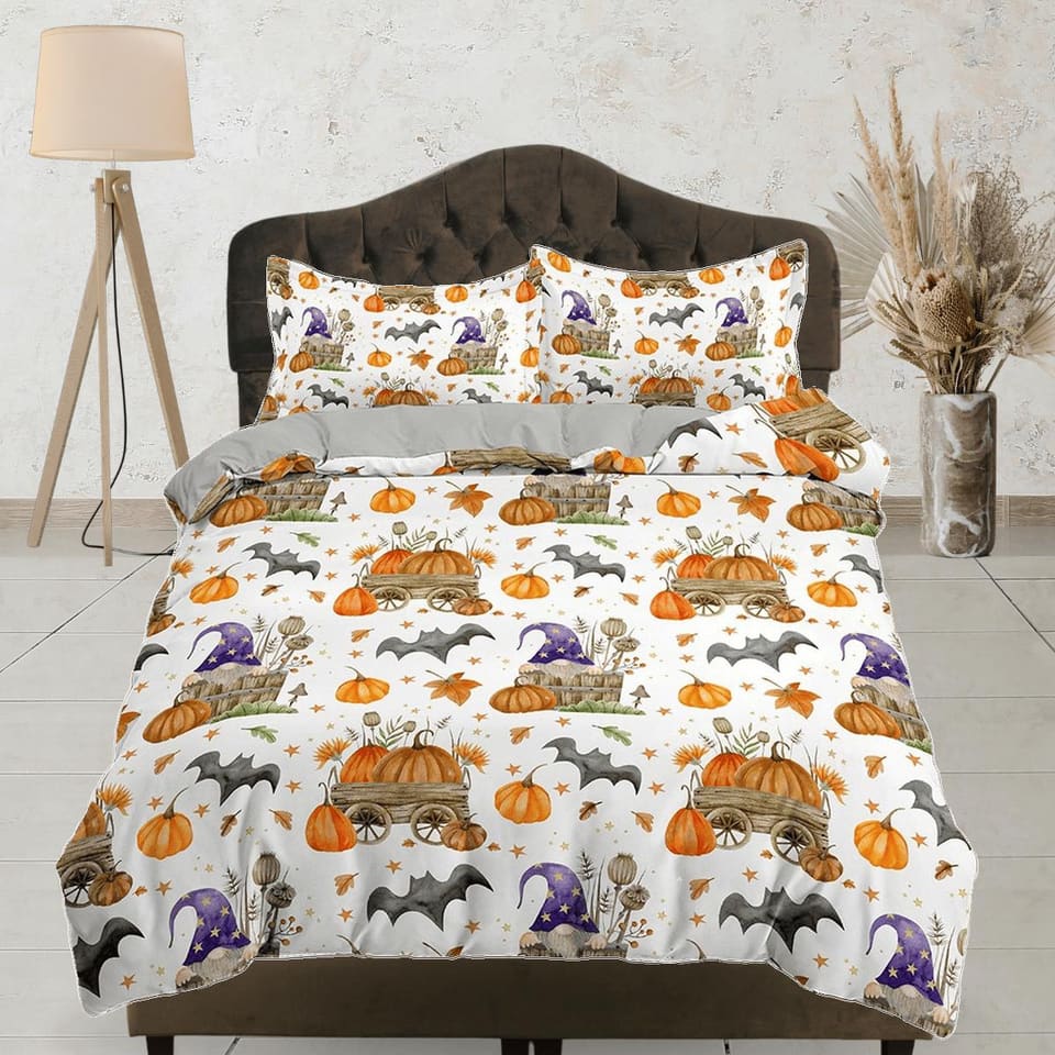Vintage pumpkin bat halloween bedding & pillowcase, duvet cover set dorm bedding, halloween decor, nursery toddler bedding…