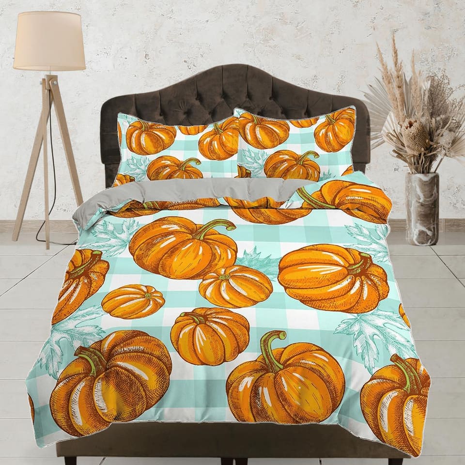 Vintage pumpkin gingham plaid halloween full size bedding & pillowcase, duvet cover set dorm bedding, shabby chic bedding,…