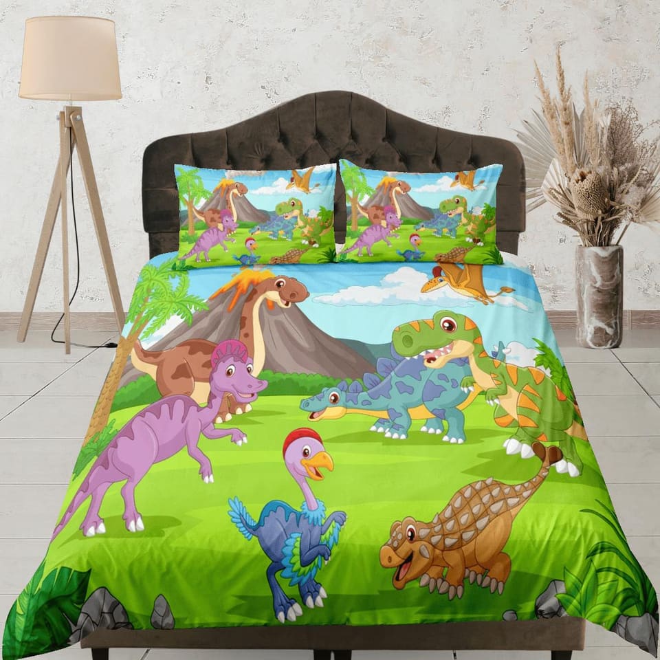 Volcano dinosaur bedding, kids bedding full, cute duvet cover set, dinosaur nursery bed decor, colorful bedding, baby dino…