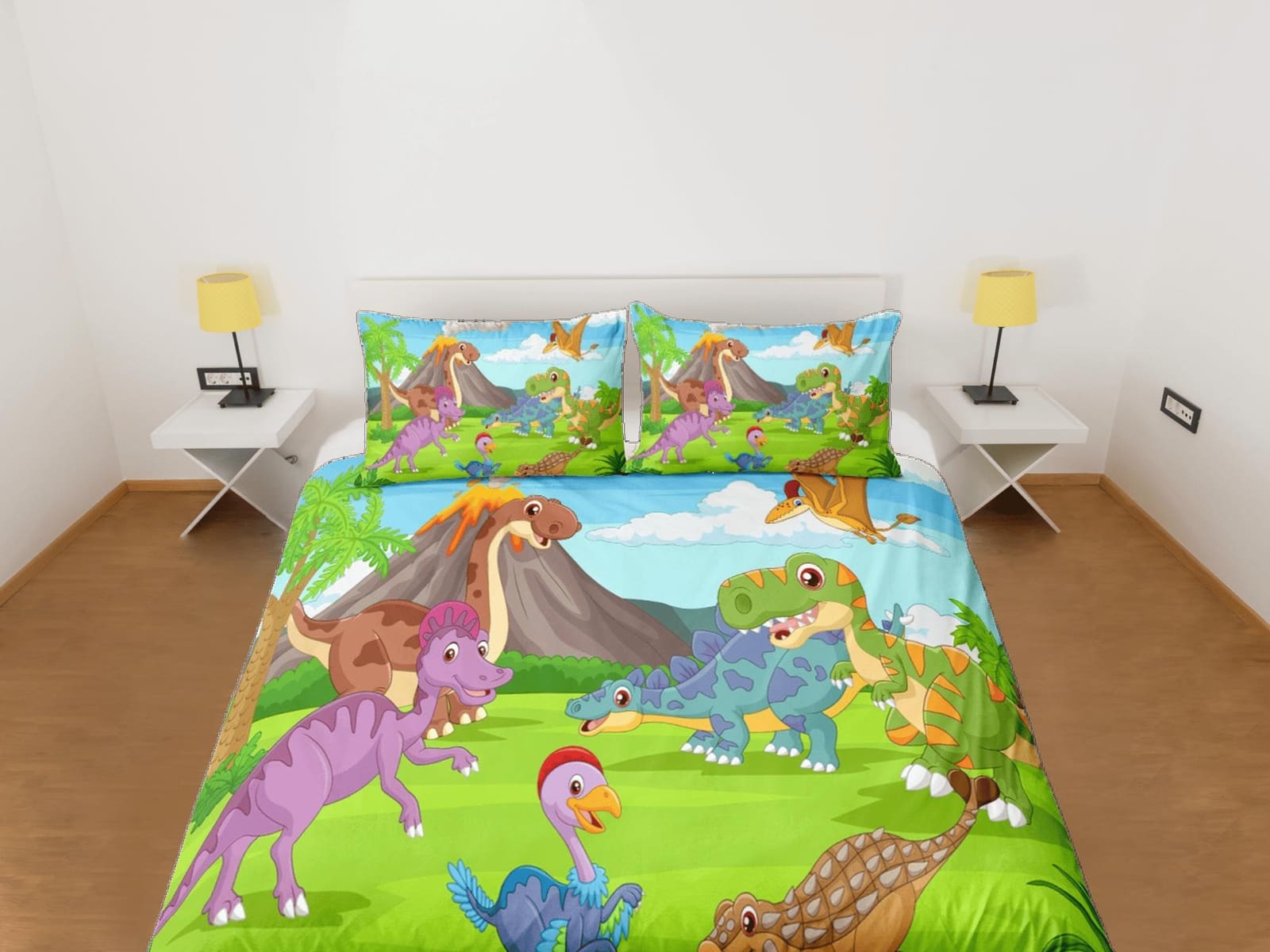 Volcano dinosaur bedding, kids bedding full, cute duvet cover set, dinosaur nursery bed decor, colorful bedding, baby dino…