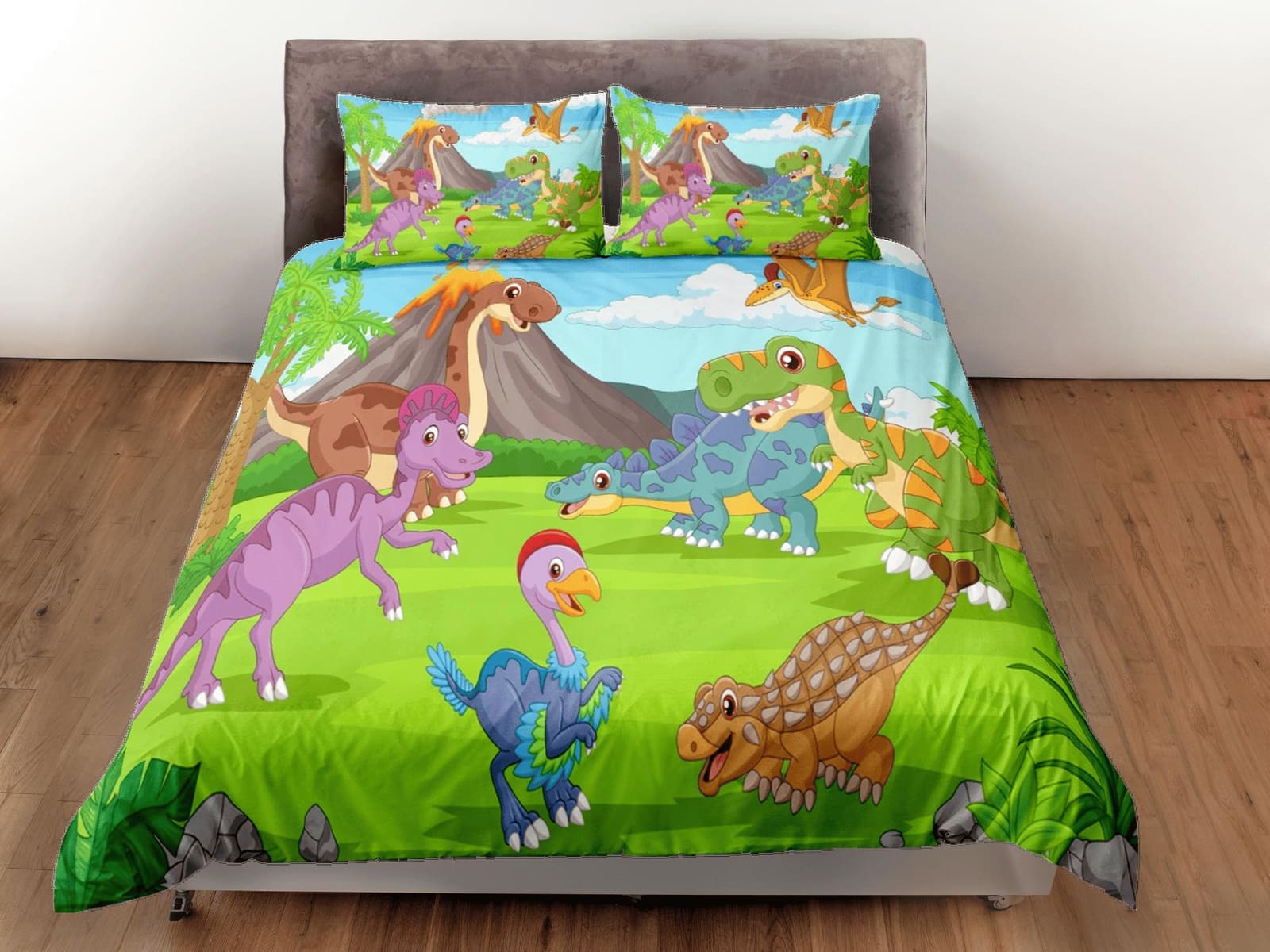 Volcano dinosaur bedding, kids bedding full, cute duvet cover set, dinosaur nursery bed decor, colorful bedding, baby dino…