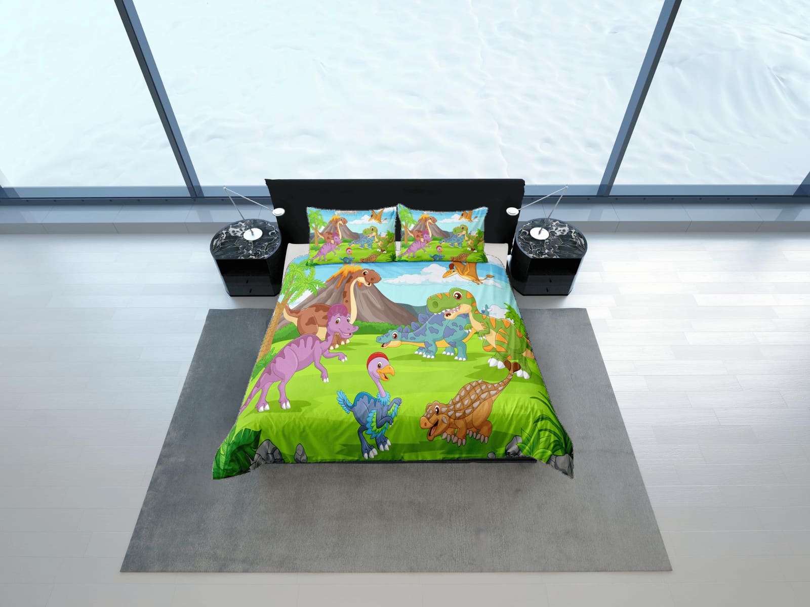Volcano dinosaur bedding, kids bedding full, cute duvet cover set, dinosaur nursery bed decor, colorful bedding, baby dino…