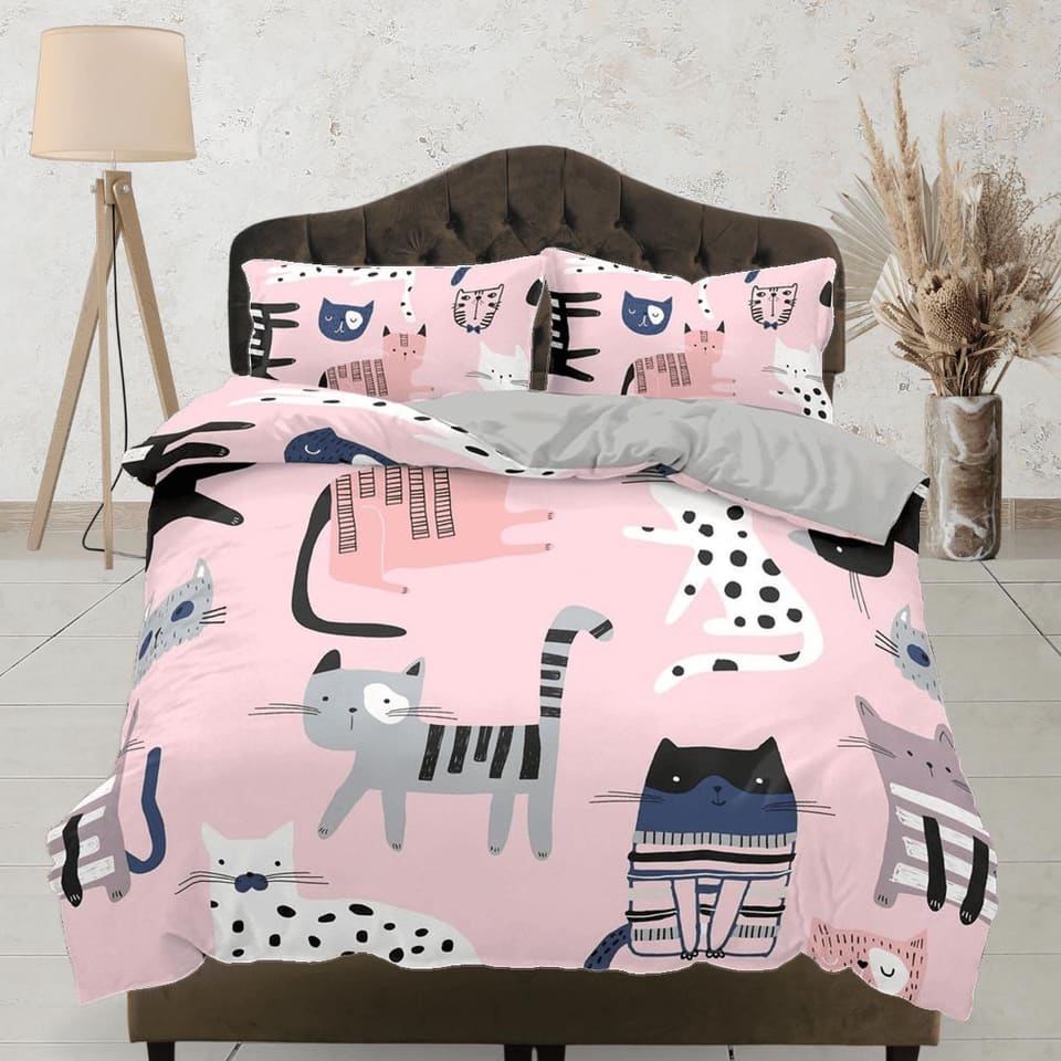 Wandering cats bedding pink, toddler bedding, kids duvet cover set, gift for cat lovers, baby bedding, baby shower gift, g…