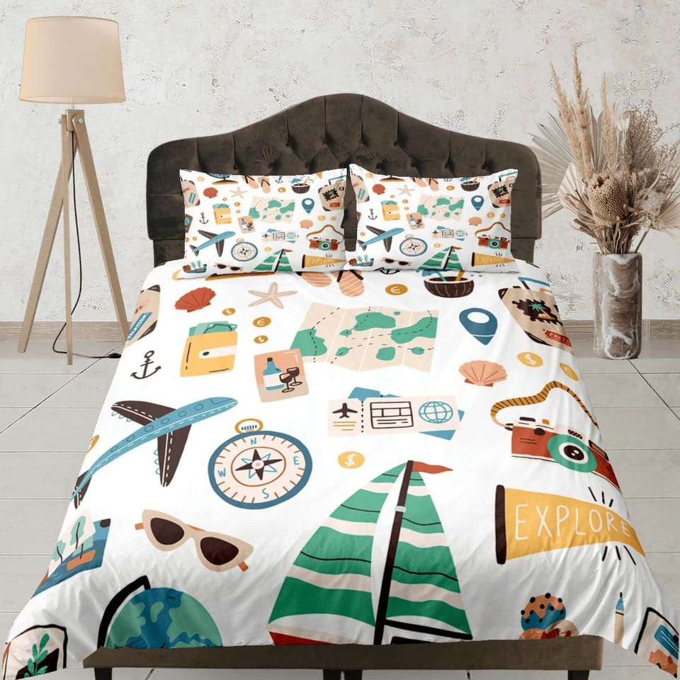 Wanderlust essentials traveller duvet cover travel lover gift bedding set full queen king, aesthetic room decor world expl…